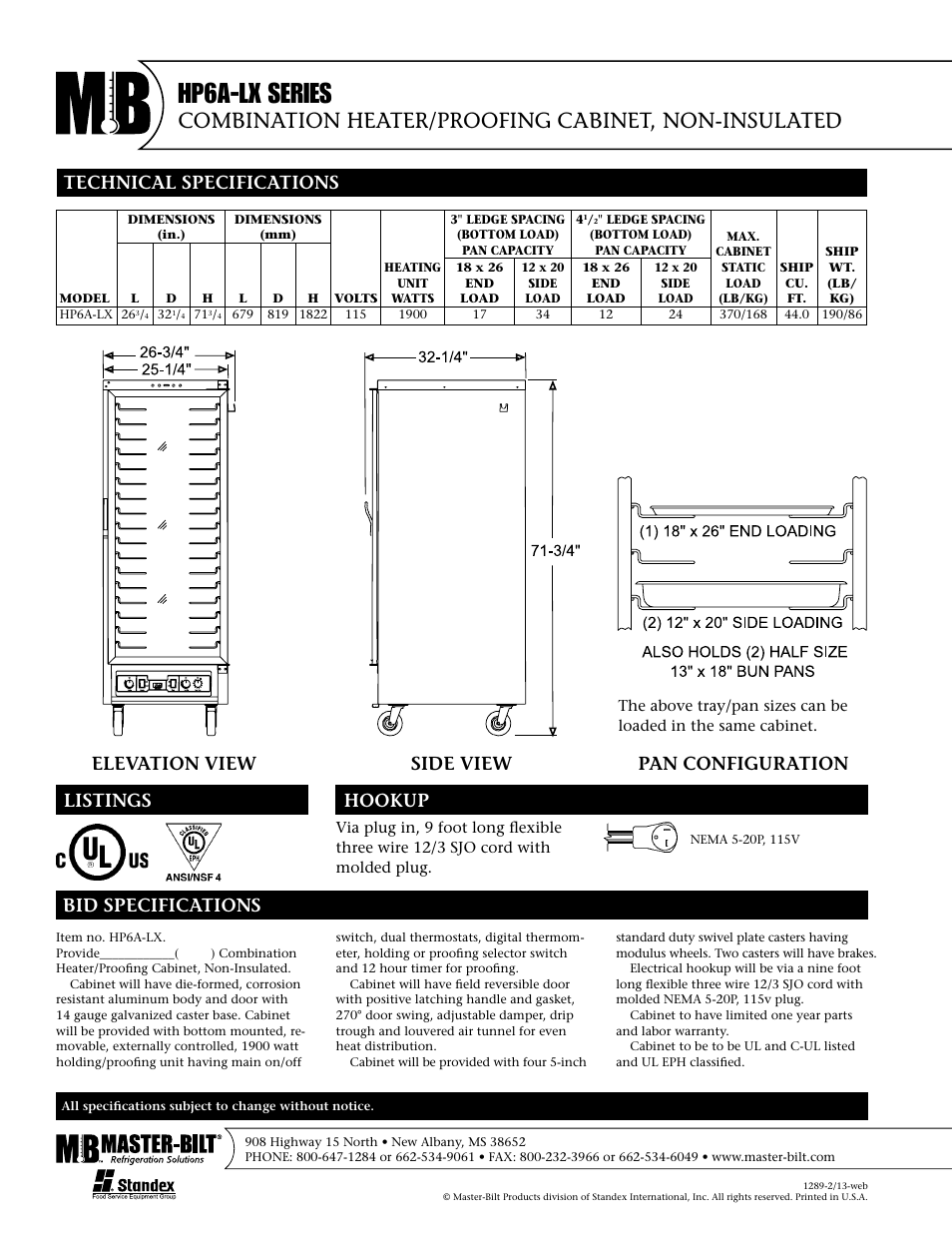 Hp6a-lx series, Combination heater/proofing cabinet, non-insulated, Elevation view side view | Pan configuration | Master Bilt Combination Heater/Proofing Cabinet Non-insulated HP6A-LX Series User Manual | Page 2 / 2