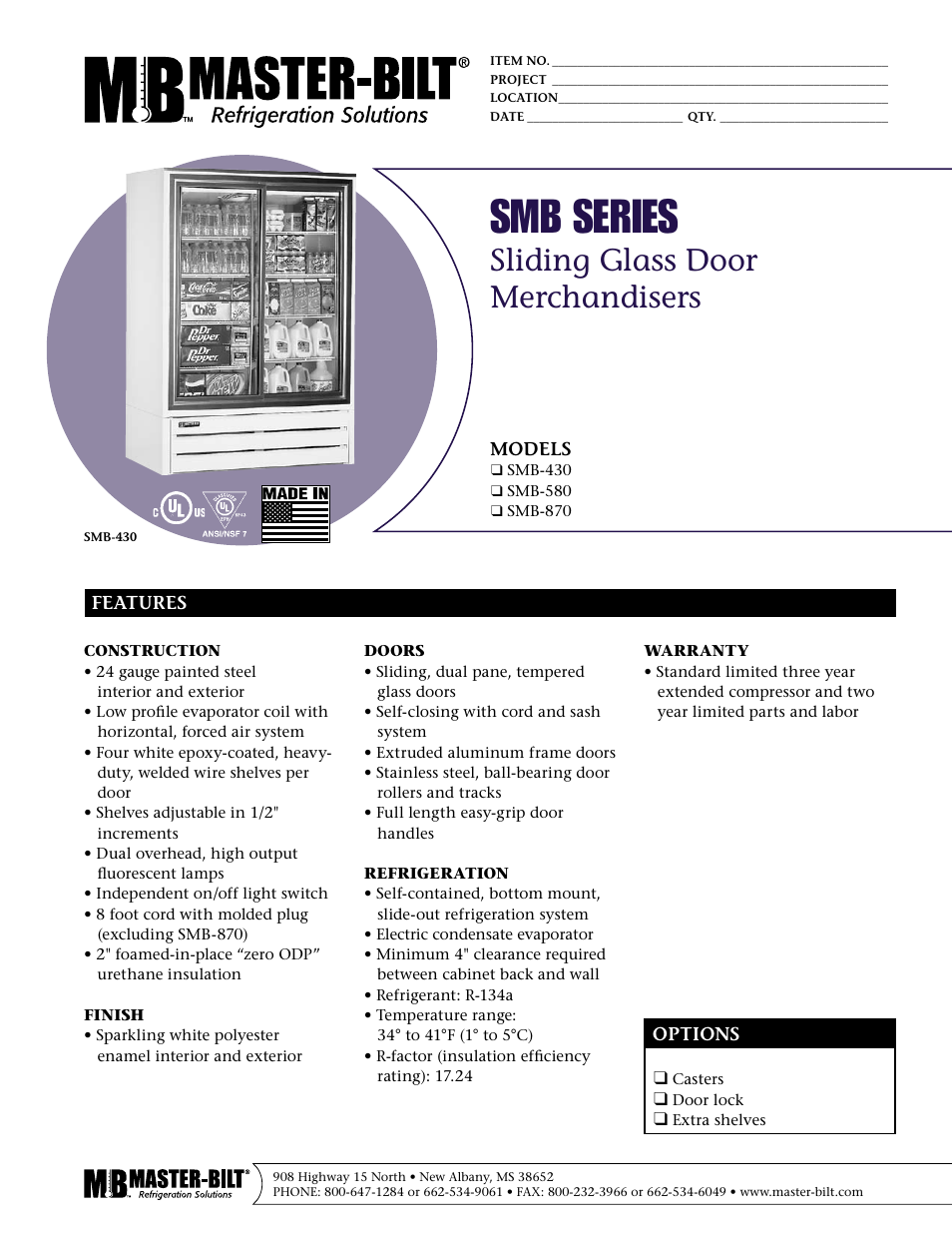 Master Bilt Sliding Glass Door Merchandise SMB-870 User Manual | 2 pages