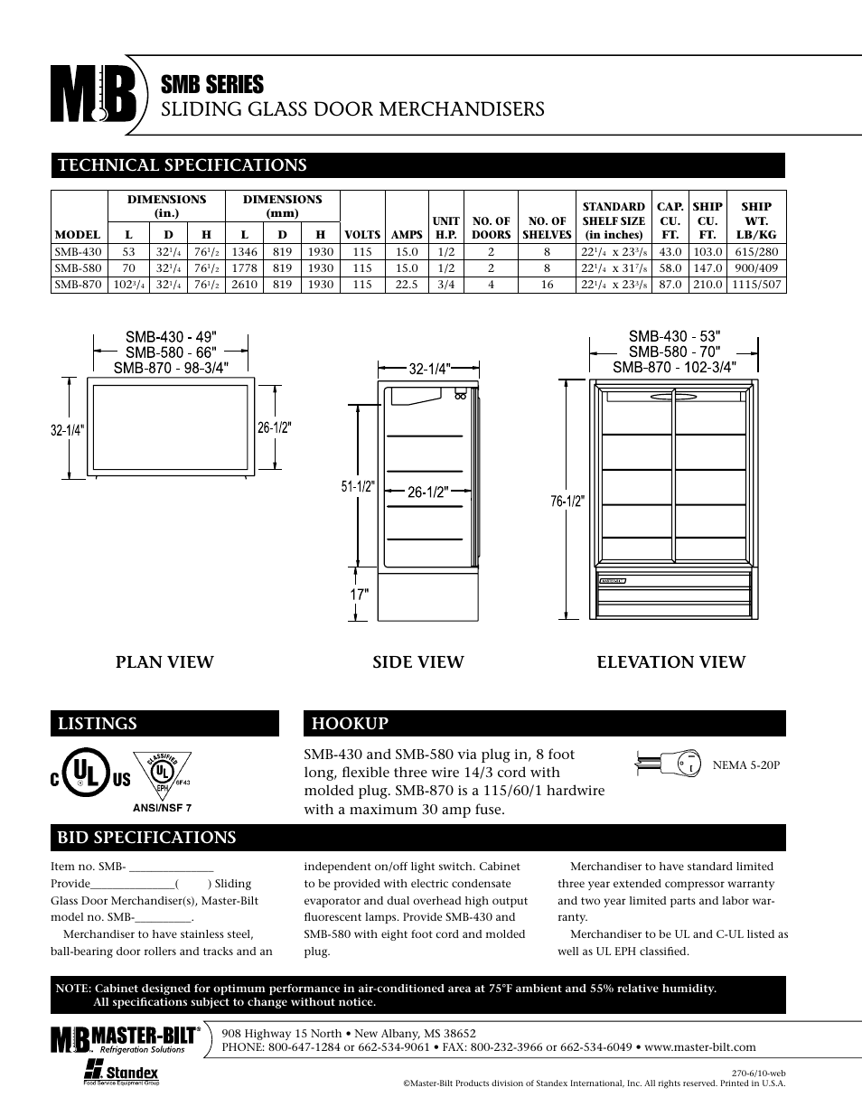 Smb series, Sliding glass door merchandisers, Plan view side view elevation view | Master Bilt Sliding Glass Door Merchandise SMB-870 User Manual | Page 2 / 2