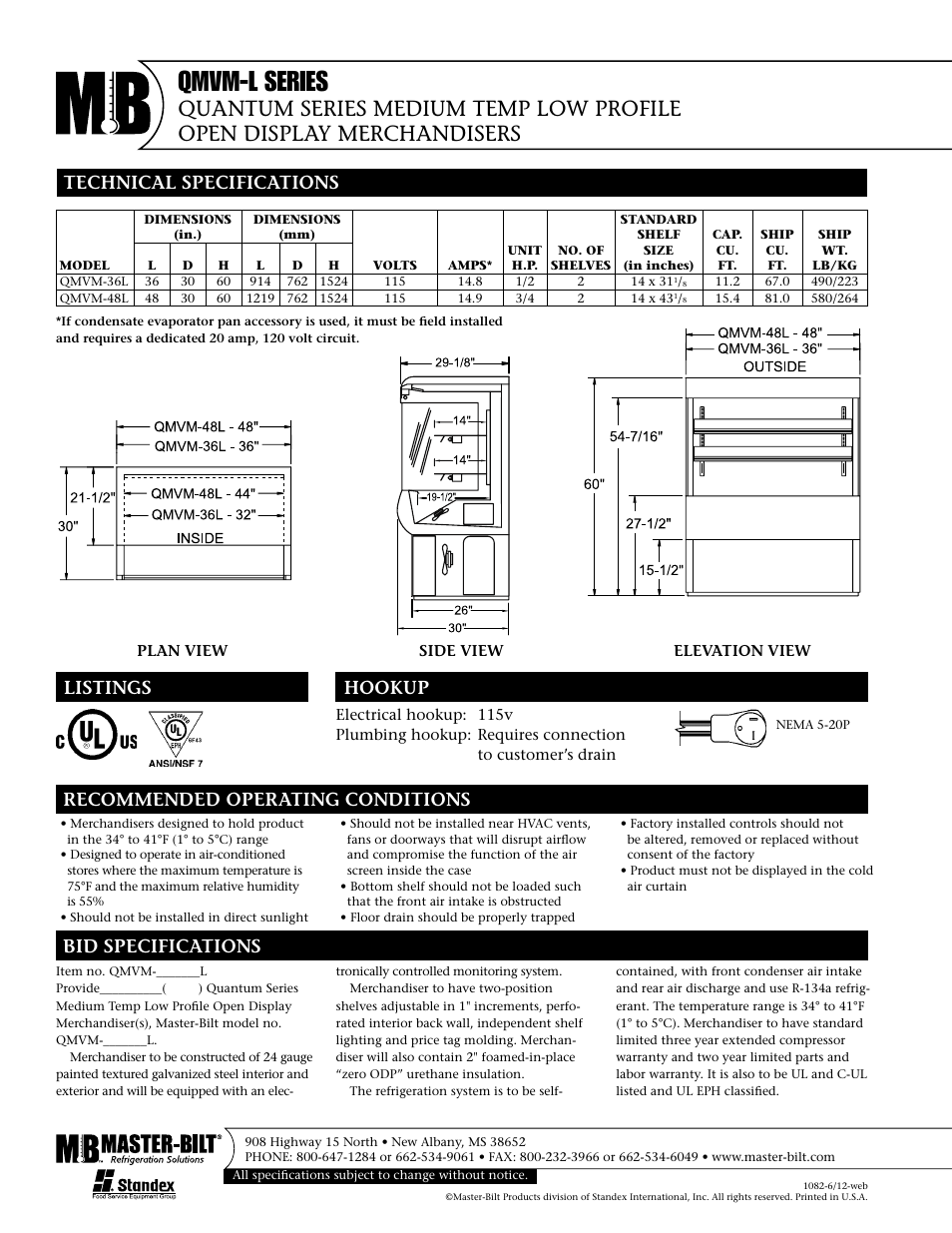 Qmvm-l series, Technical specifications, Listings hookup bid specifications | Recommended operating conditions | Master Bilt QMVM-48L User Manual | Page 2 / 2