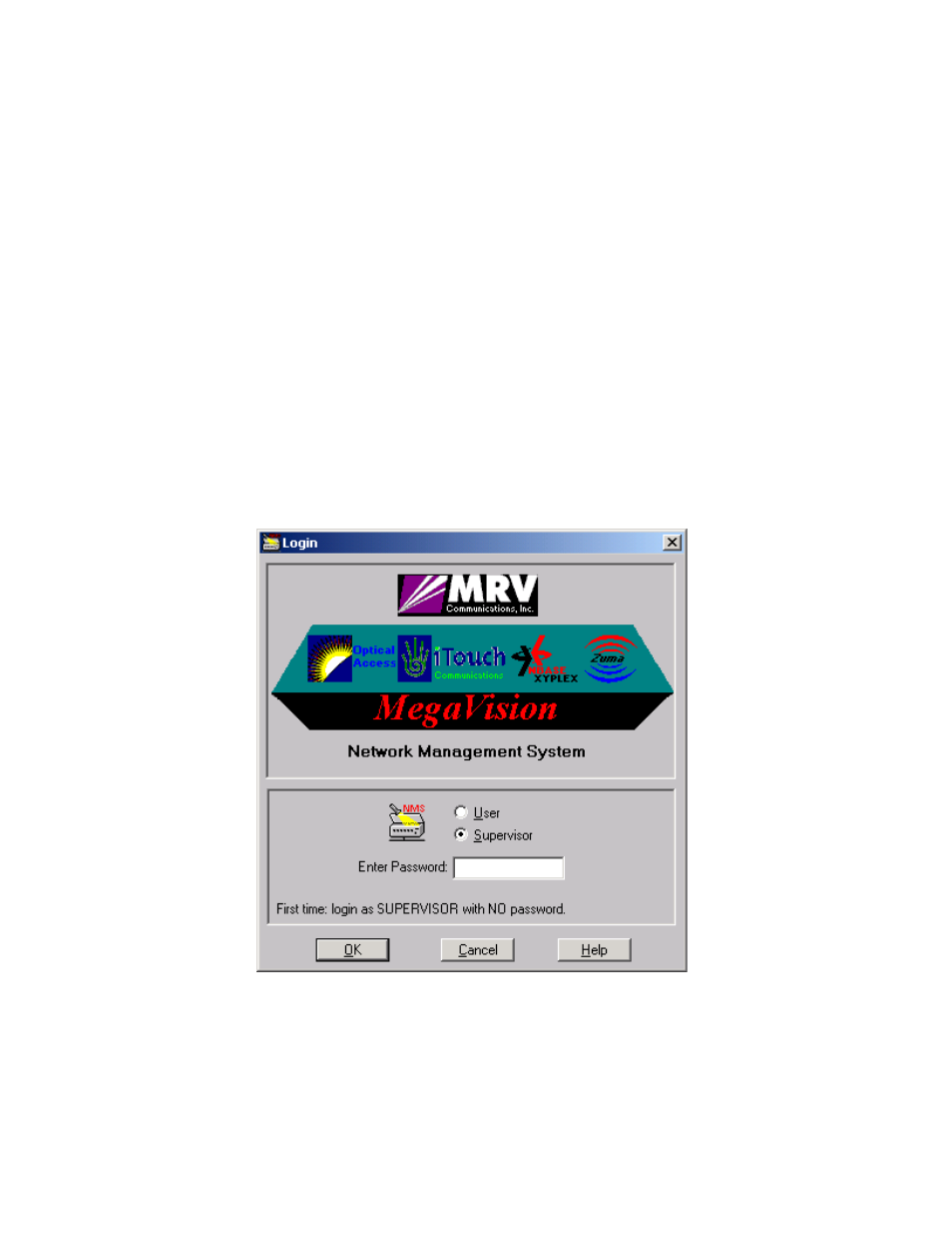 To login as a supervisor, Logging in | MegaVision Network Management System User Manual | Page 10 / 62
