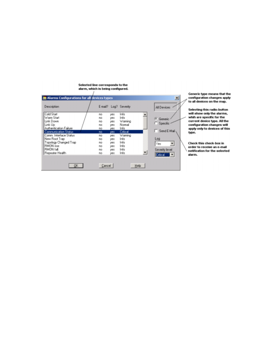 Alarms configuration window | MegaVision Network Management System User Manual | Page 25 / 62