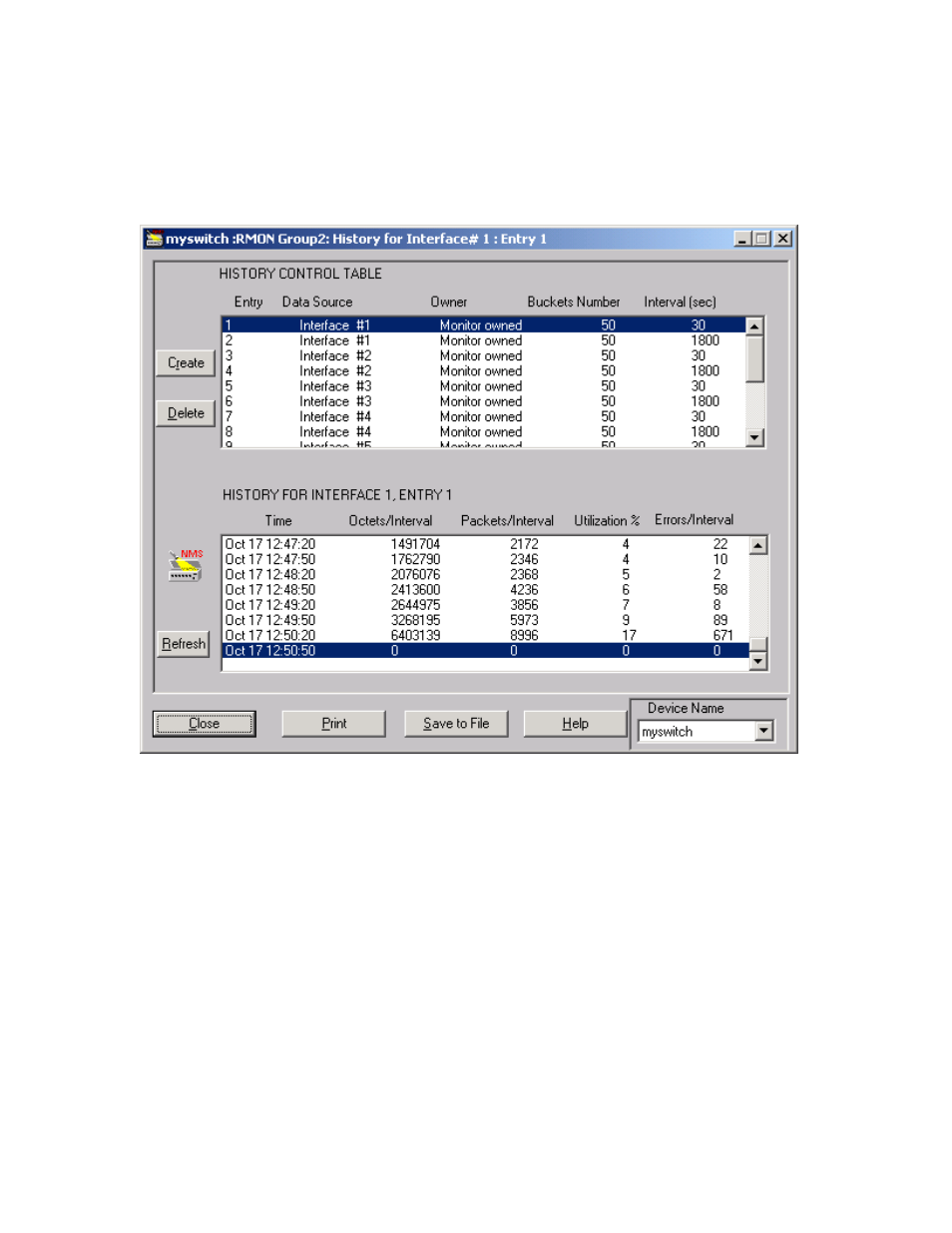 Rmon group 2 (history) window | MegaVision Network Management System User Manual | Page 37 / 62
