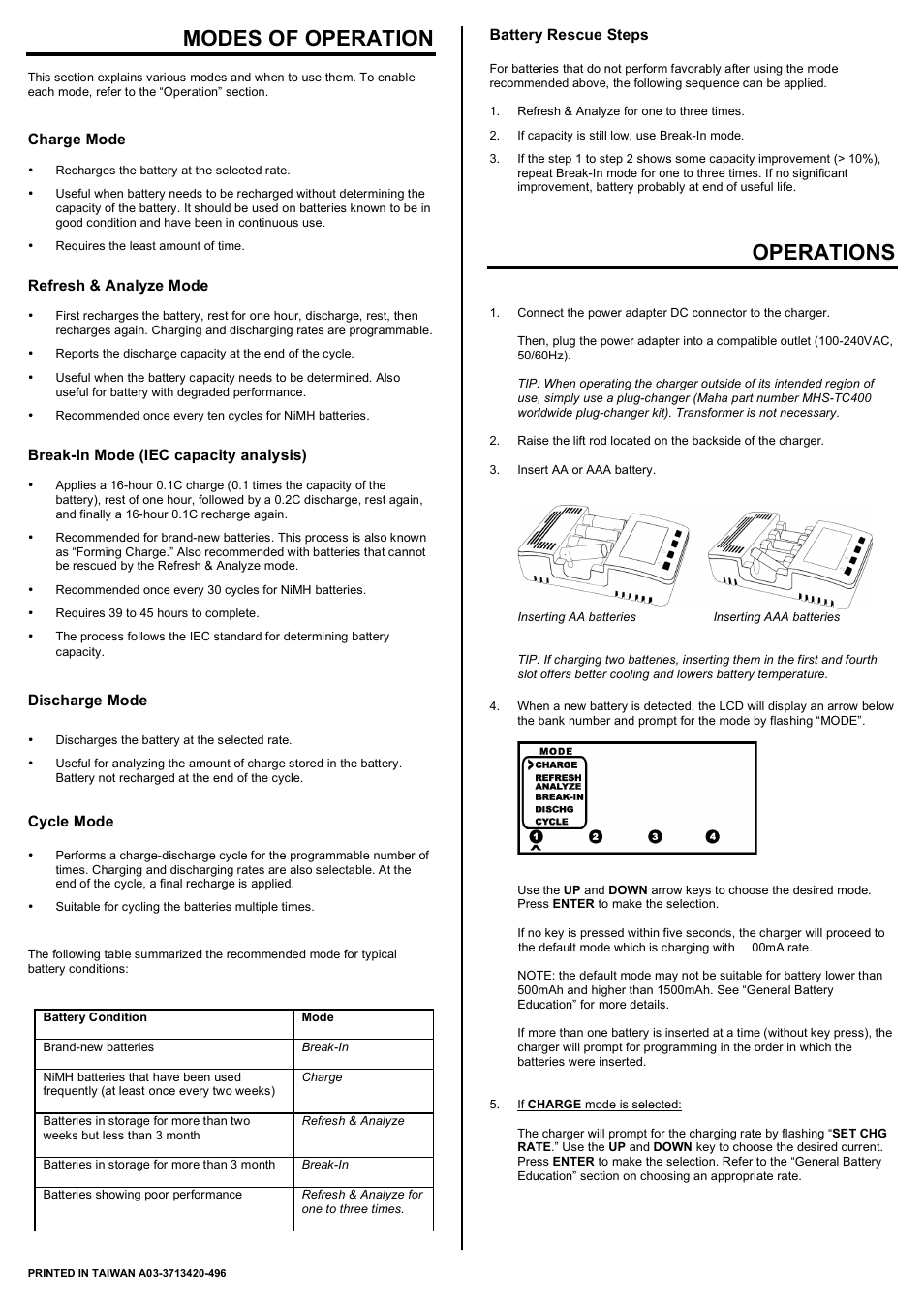 Modes of operation, Operations | Maha Energy MH-C9000 User Manual | Page 2 / 4