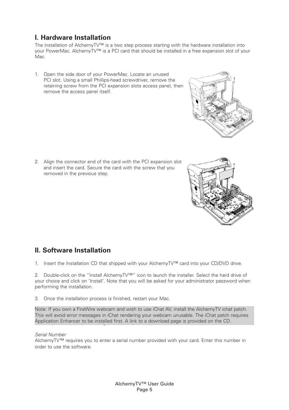 I. hardware installation, Ii. software installation | Miglia Technology Alchemy TV User Manual | Page 7 / 34