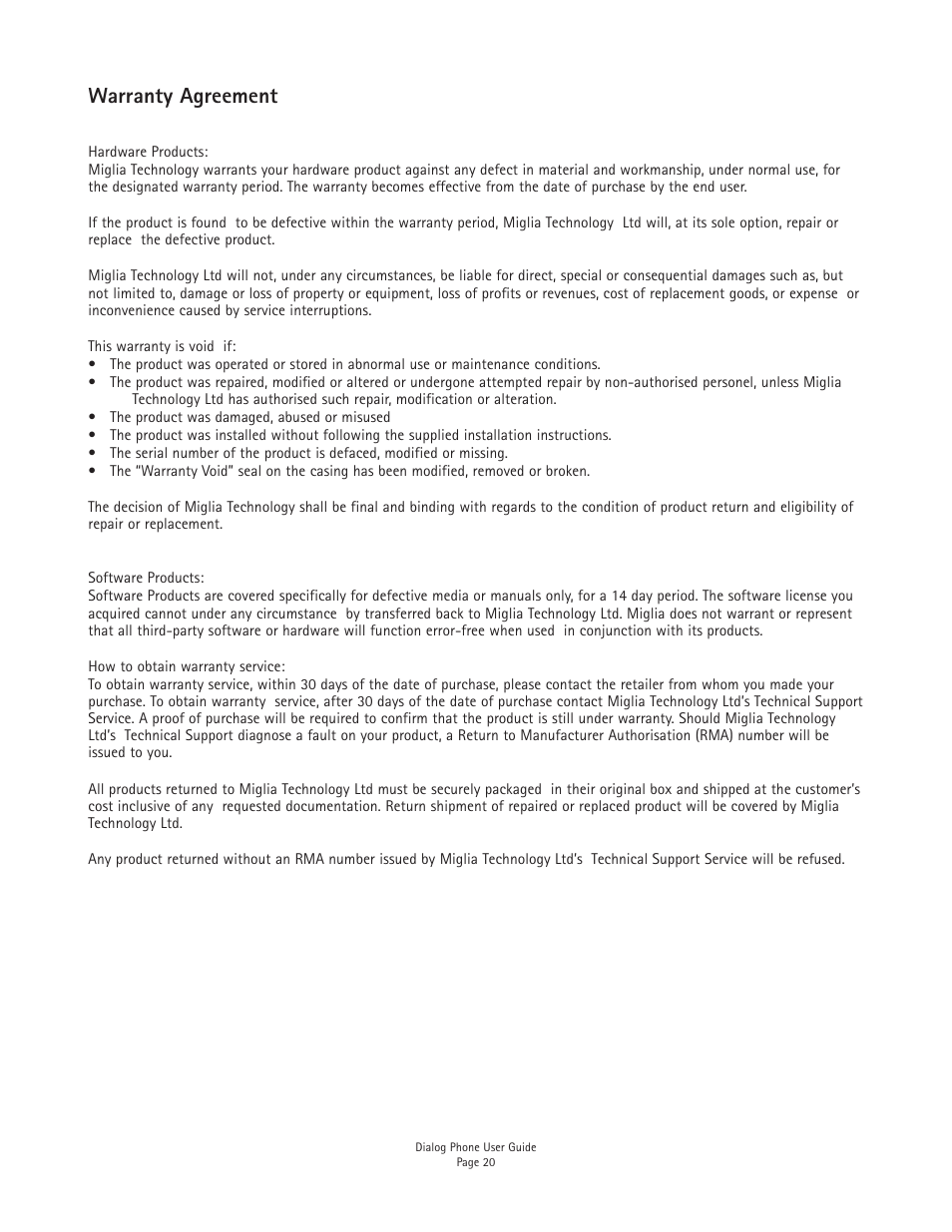Warranty agreement | Miglia Technology Dialog Phone User Manual | Page 22 / 22