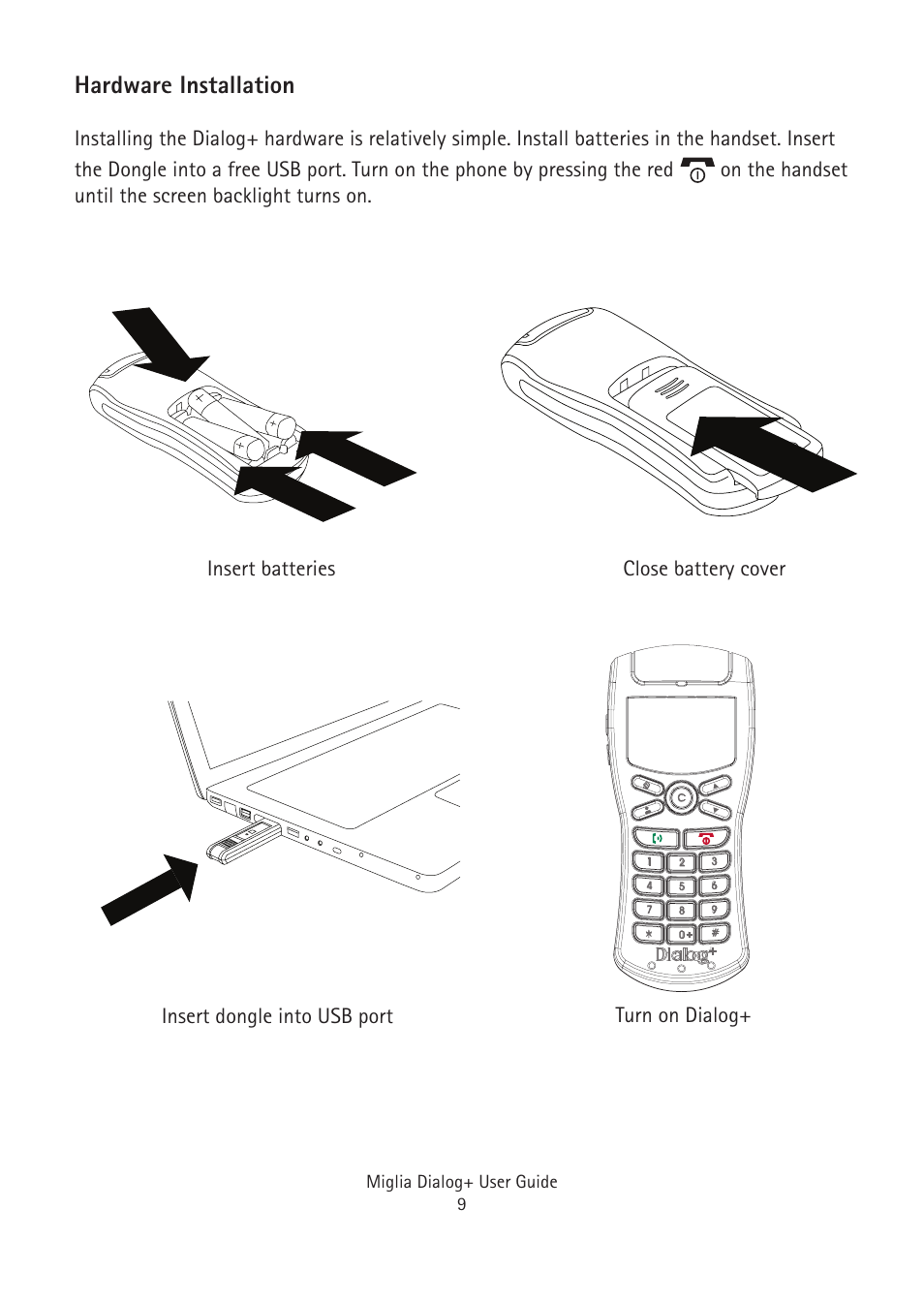 Hardware installation, Miglia dialog+ user guide 9 | Miglia Technology Dialog Plus Cordless Phone User Manual | Page 9 / 26