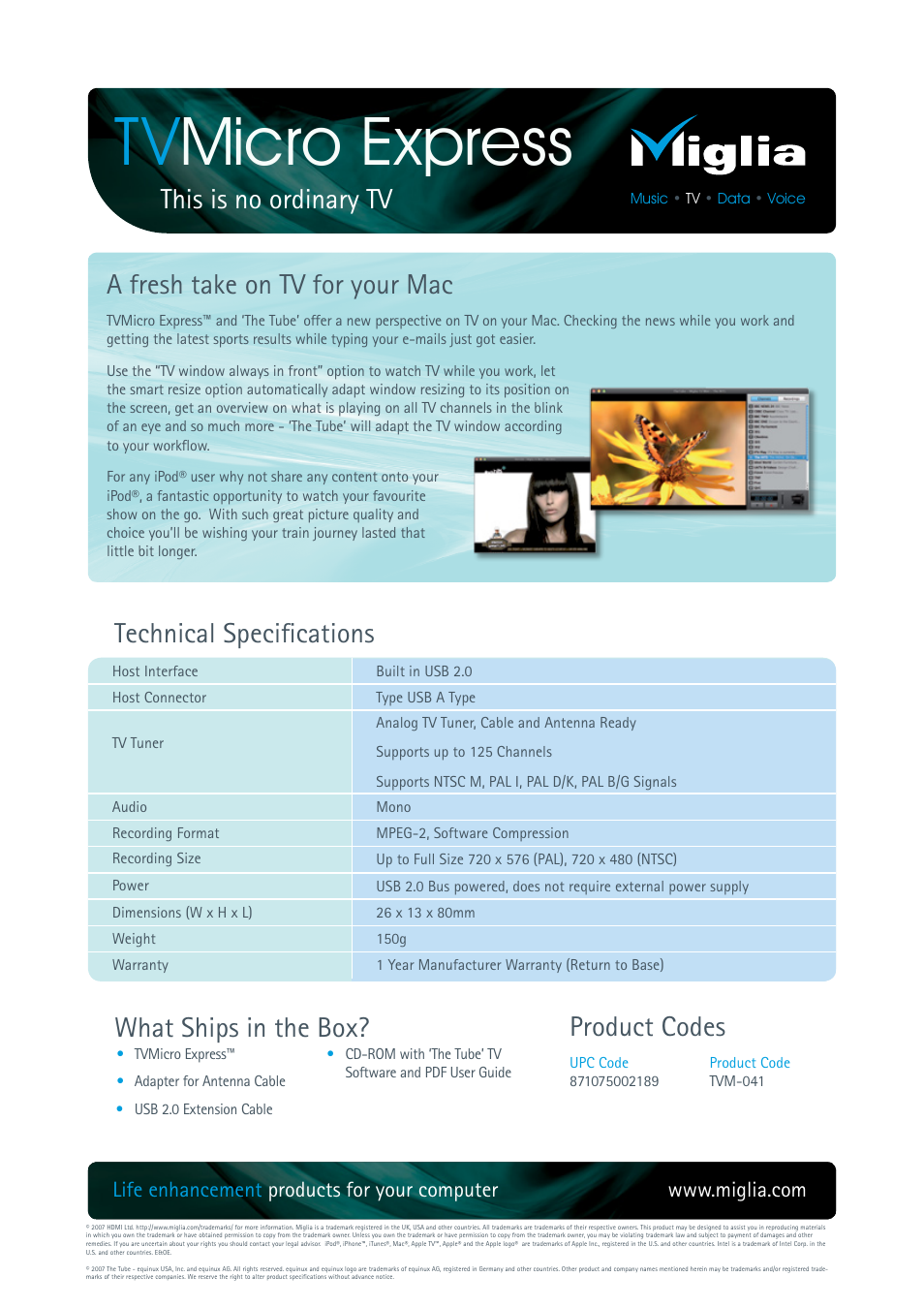 Tv micro express, What ships in the box? product codes, Technical specifications | Miglia Technology TV Micro Express User Manual | Page 2 / 2