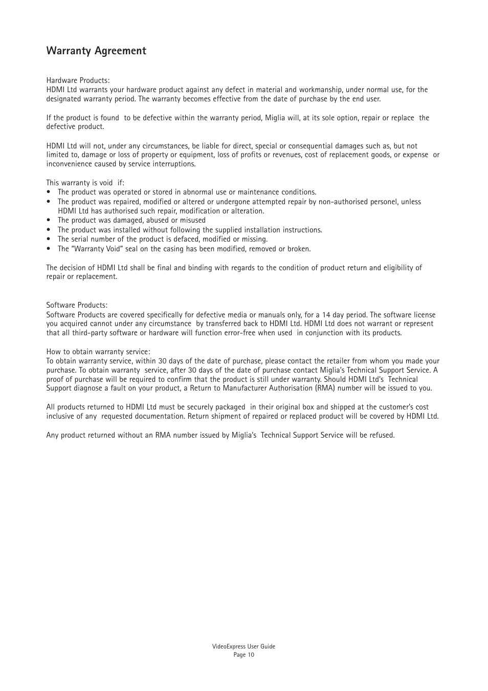 Warranty agreement | Miglia Technology VideoExpress Converter User Manual | Page 12 / 12