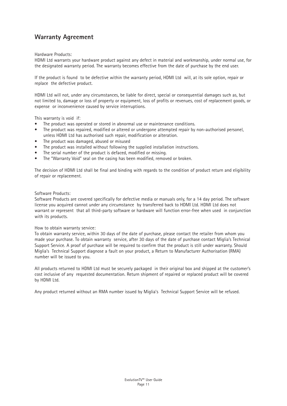 Warranty agreement | Miglia Technology EvolutionTV TV Tuner User Manual | Page 13 / 13