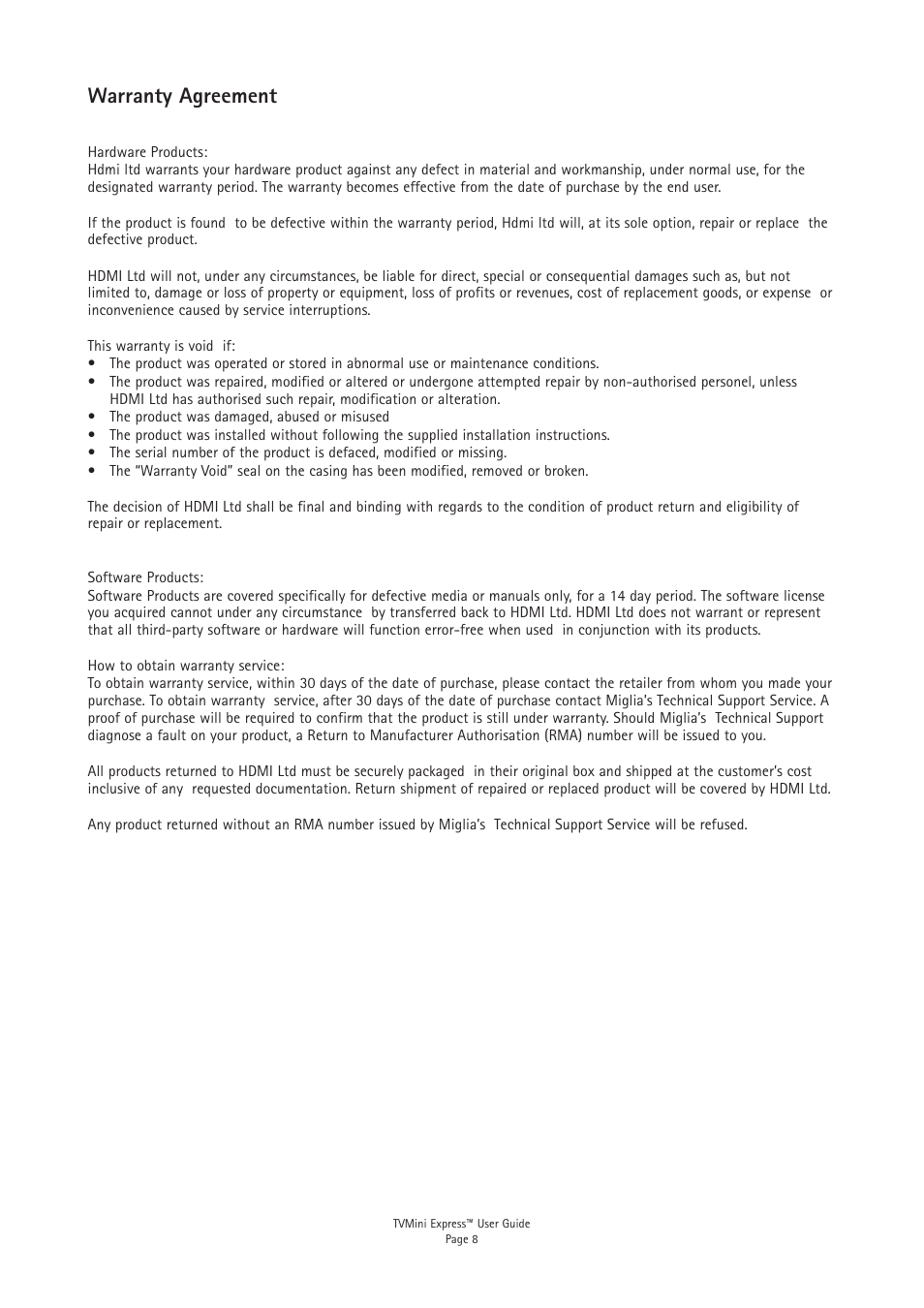 Warranty agreement | Miglia Technology TVMini Express Adapter User Manual | Page 10 / 10