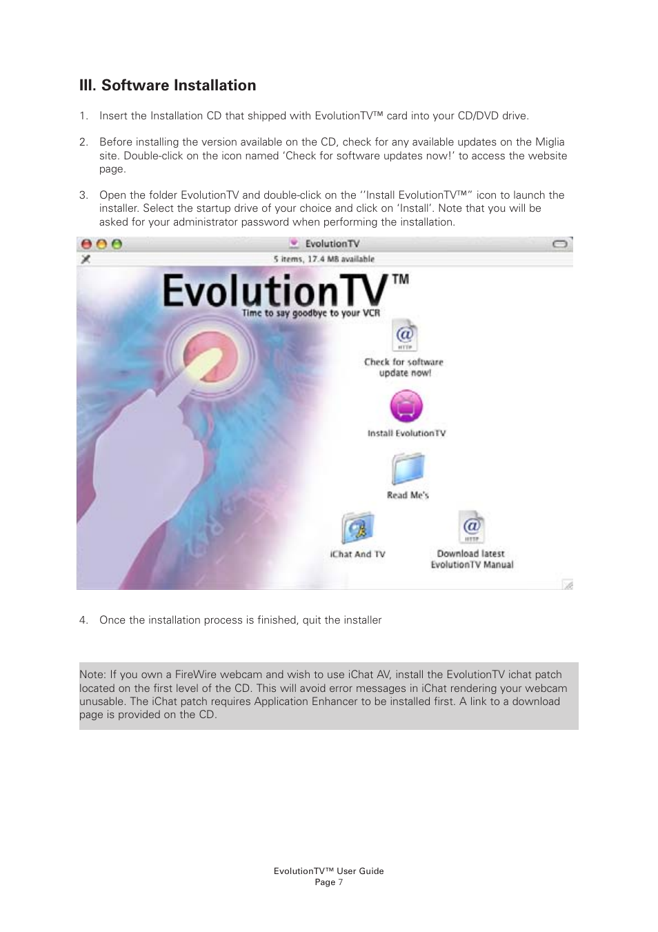 Iii. software installation | Miglia Technology EvolutionTV User Manual | Page 9 / 47