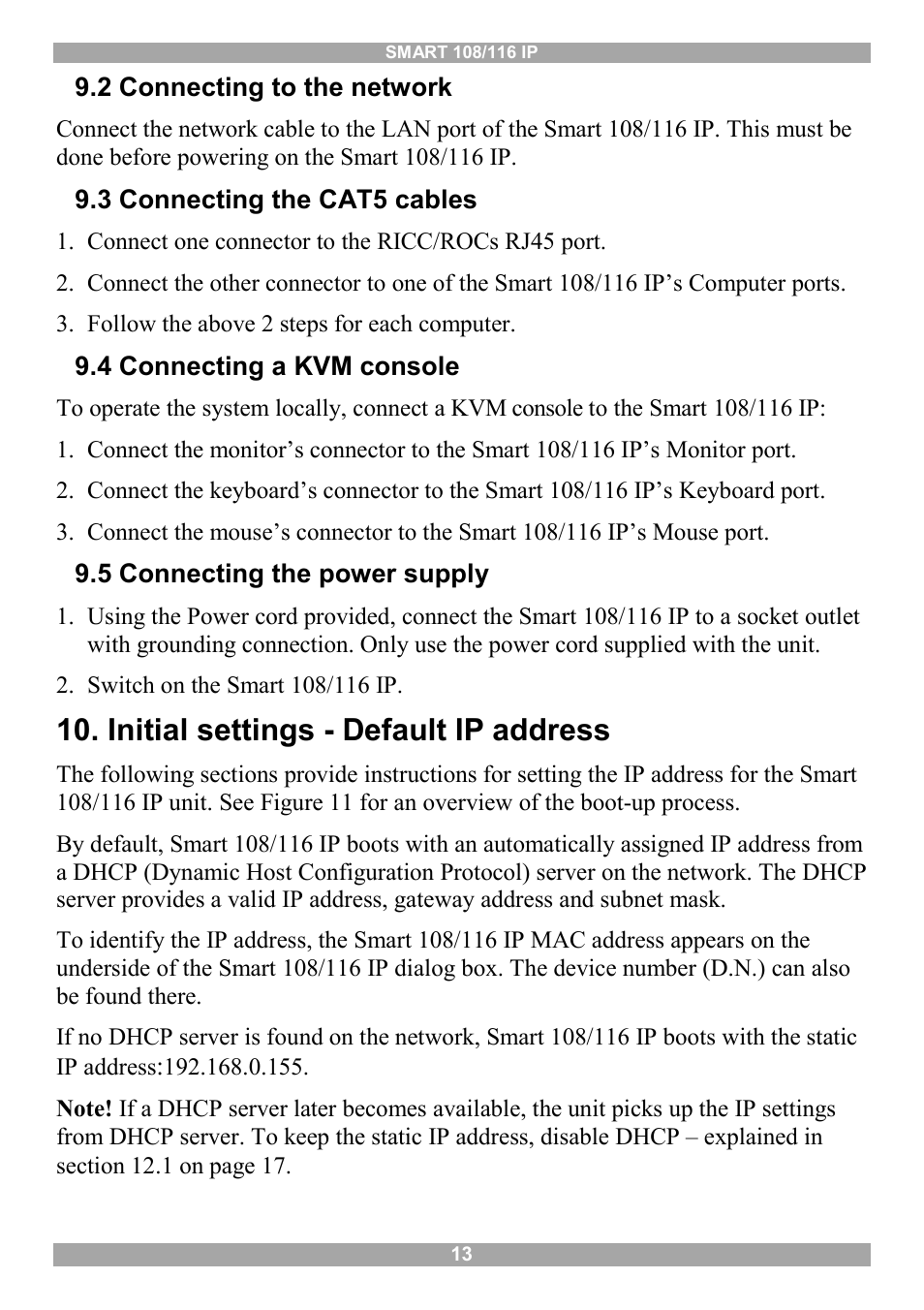 2 connecting to the network, 3 connecting the cat5 cables, 4 connecting a kvm console | 5 connecting the power supply, Initial settings - default ip address | Minicom Advanced Systems Minicom Smart 116 IP User Manual | Page 14 / 62