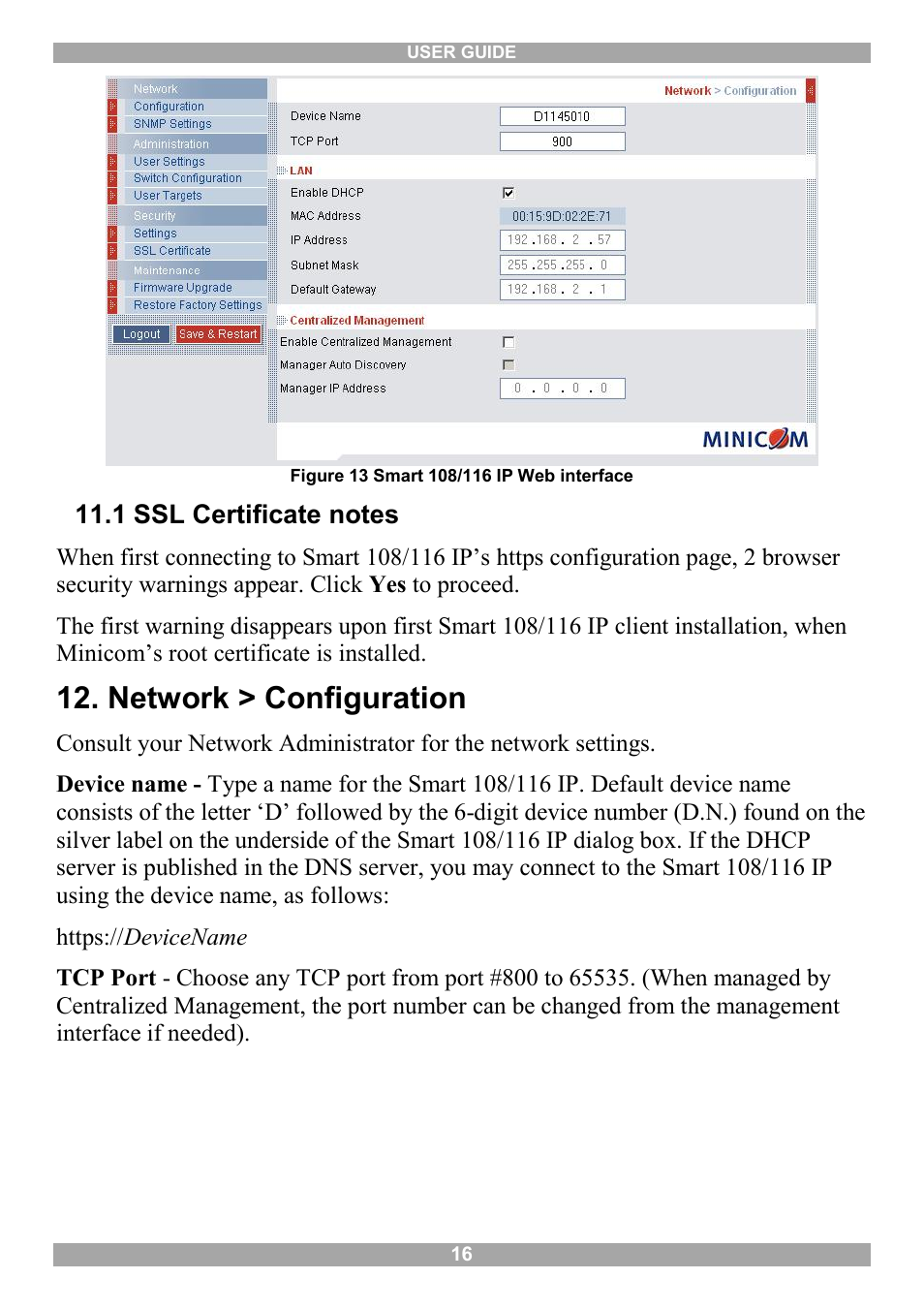 1 ssl certificate notes, Network > configuration | Minicom Advanced Systems Minicom Smart 116 IP User Manual | Page 17 / 62