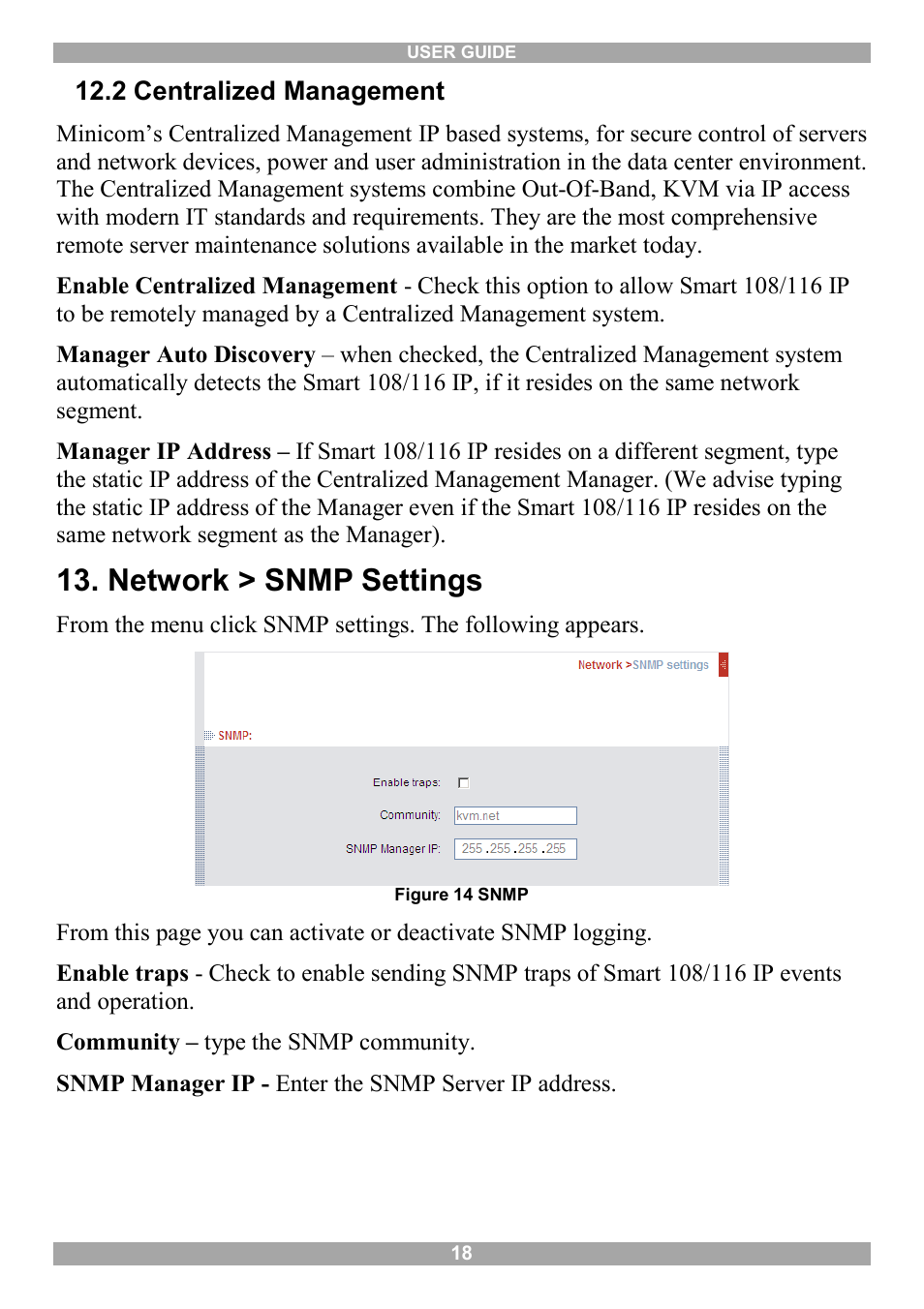 2 centralized management, Network > snmp settings | Minicom Advanced Systems Minicom Smart 116 IP User Manual | Page 19 / 62