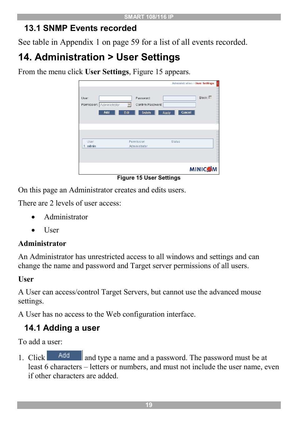 1 snmp events recorded, Administration > user settings, 1 adding a user | Minicom Advanced Systems Minicom Smart 116 IP User Manual | Page 20 / 62