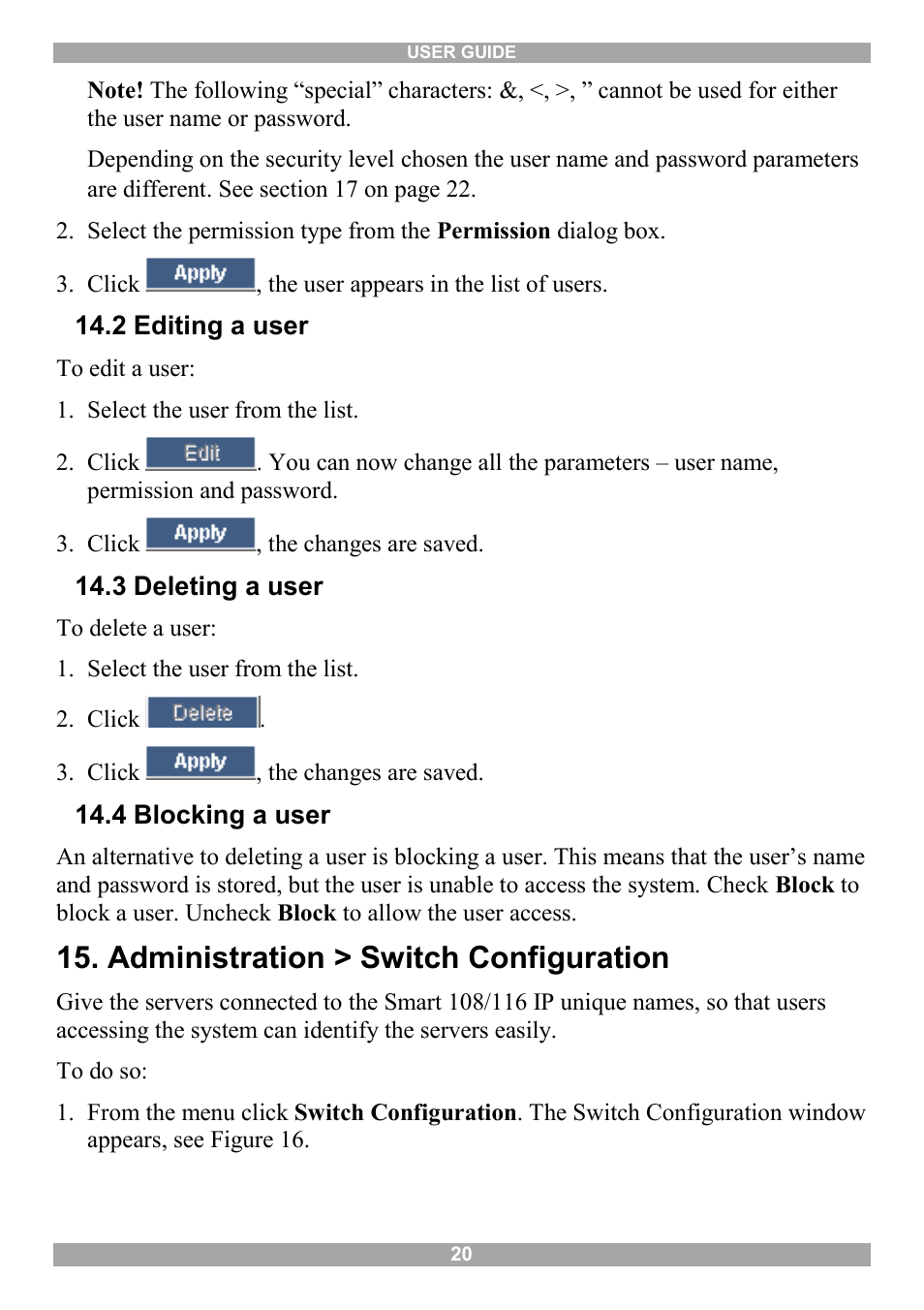 2 editing a user, 3 deleting a user, 4 blocking a user | Administration > switch configuration | Minicom Advanced Systems Minicom Smart 116 IP User Manual | Page 21 / 62