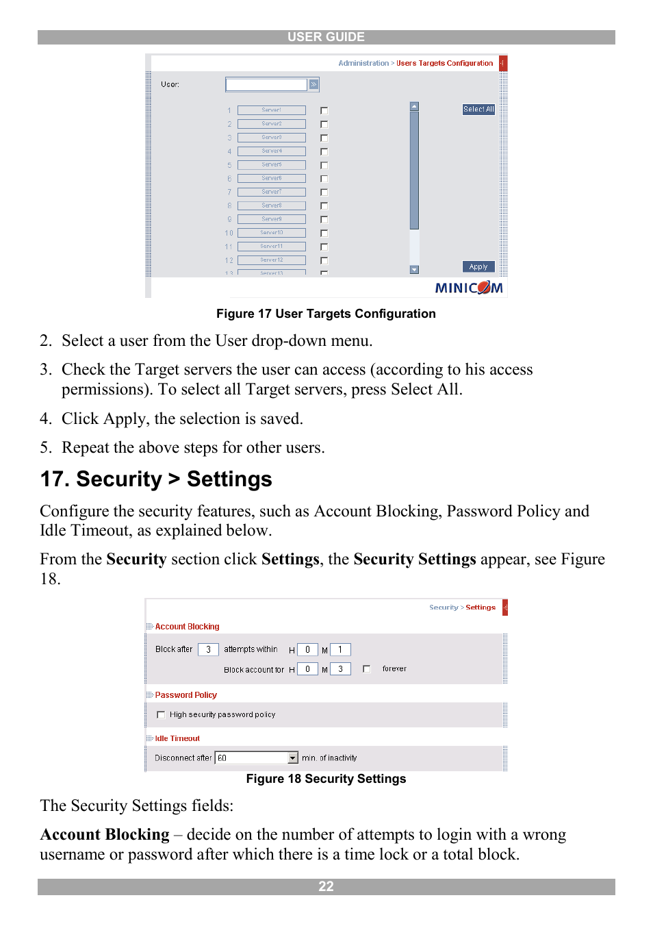 Security > settings | Minicom Advanced Systems Minicom Smart 116 IP User Manual | Page 23 / 62