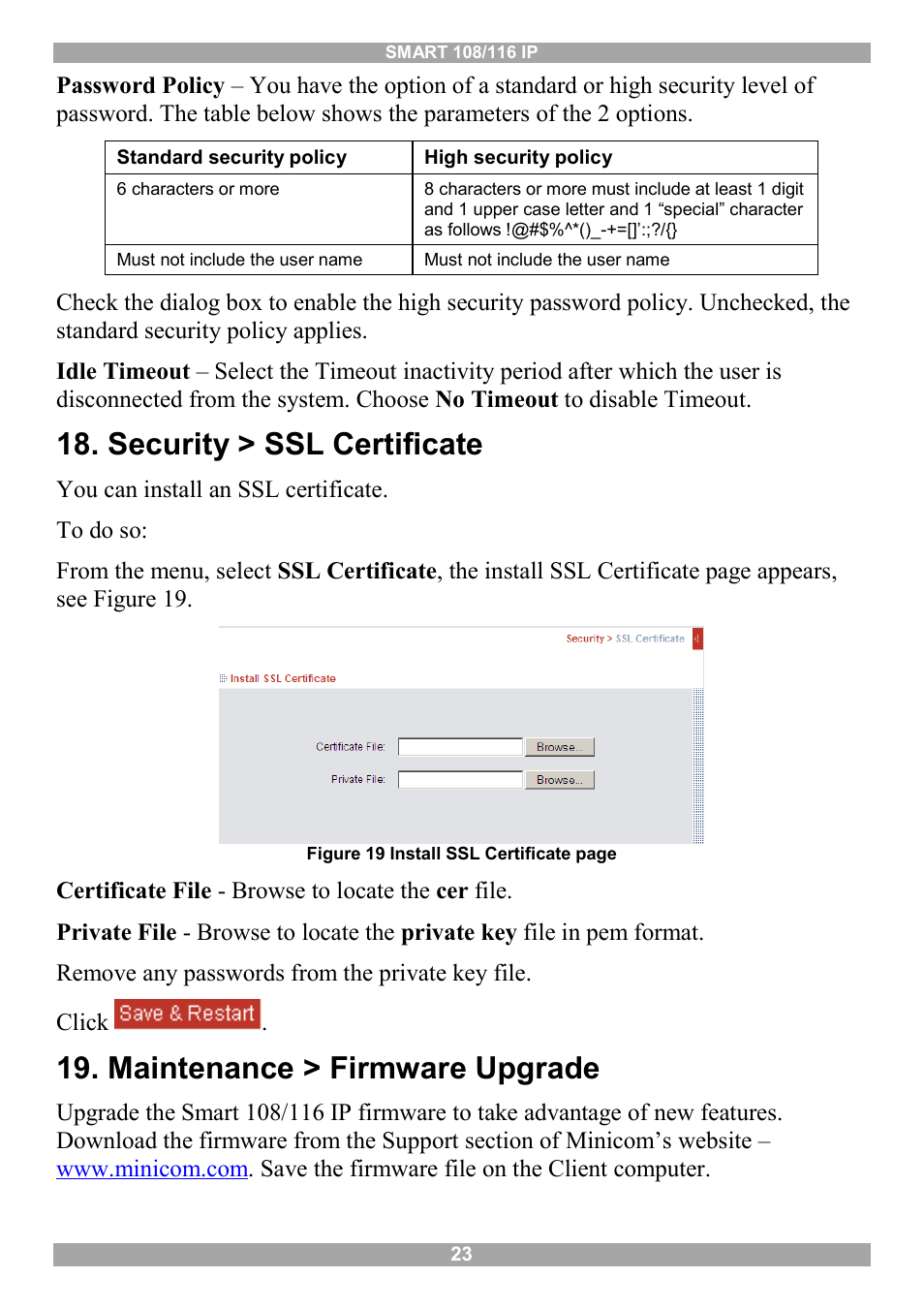 Security > ssl certificate, Maintenance > firmware upgrade | Minicom Advanced Systems Minicom Smart 116 IP User Manual | Page 24 / 62