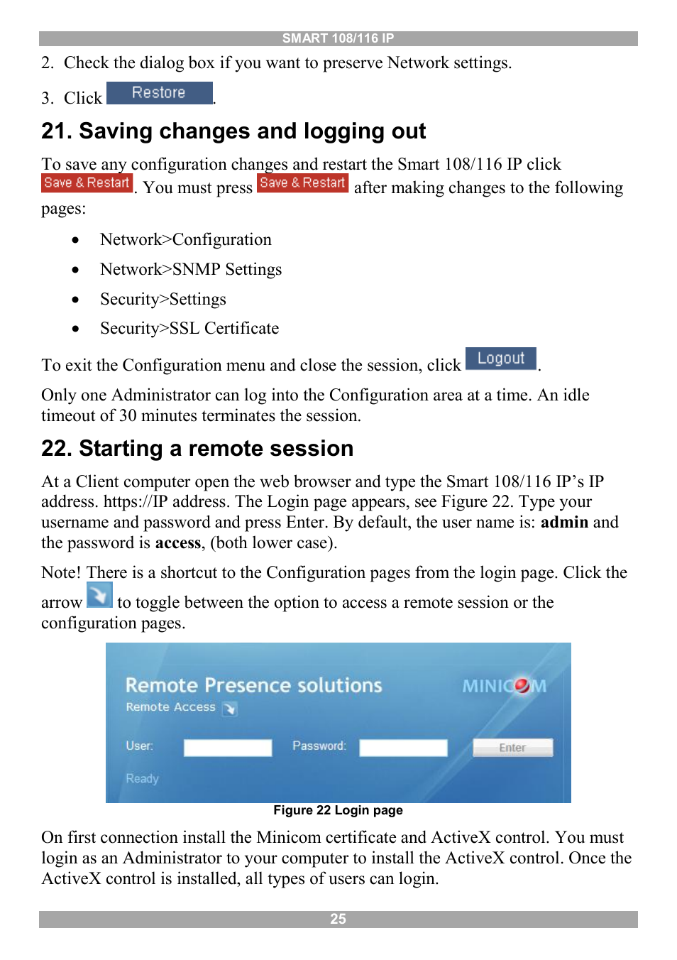 Saving changes and logging out, Starting a remote session | Minicom Advanced Systems Minicom Smart 116 IP User Manual | Page 26 / 62