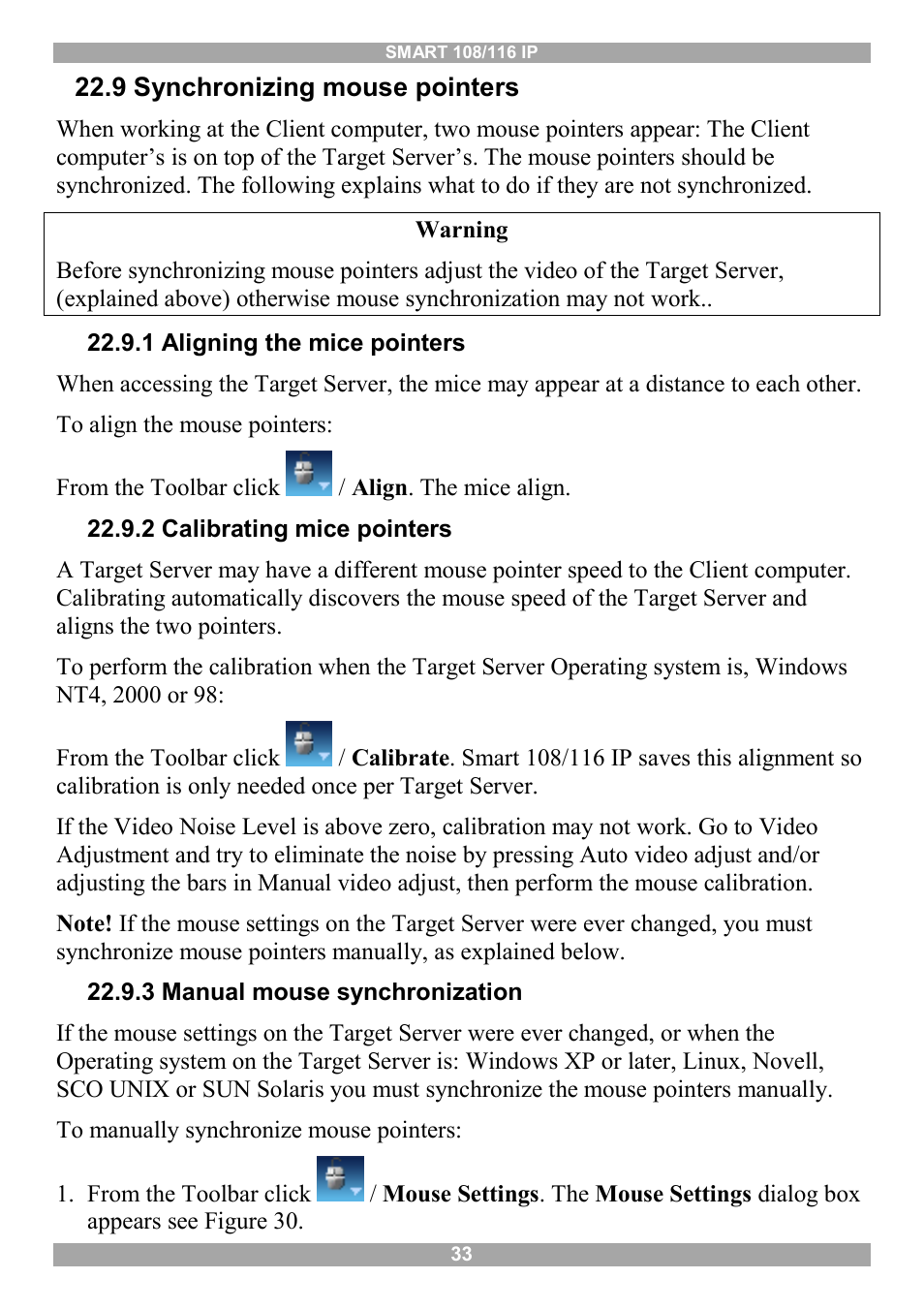 9 synchronizing mouse pointers, 1 aligning the mice pointers, 2 calibrating mice pointers | 3 manual mouse synchronization | Minicom Advanced Systems Minicom Smart 116 IP User Manual | Page 34 / 62