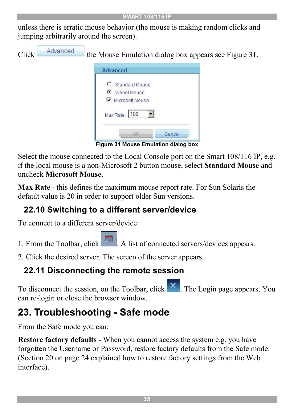 10 switching to a different server/device, 11 disconnecting the remote session, Troubleshooting - safe mode | Minicom Advanced Systems Minicom Smart 116 IP User Manual | Page 36 / 62