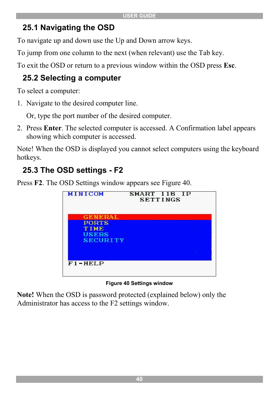 1 navigating the osd, 2 selecting a computer, 3 the osd settings - f2 | Minicom Advanced Systems Minicom Smart 116 IP User Manual | Page 41 / 62