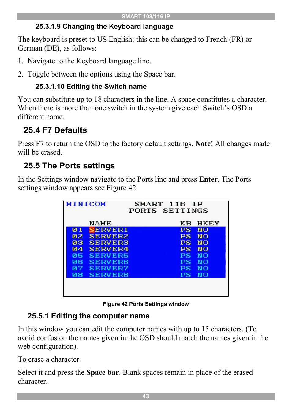 9 changing the keyboard language, 10 editing the switch name, 4 f7 defaults | 5 the ports settings, 1 editing the computer name | Minicom Advanced Systems Minicom Smart 116 IP User Manual | Page 44 / 62