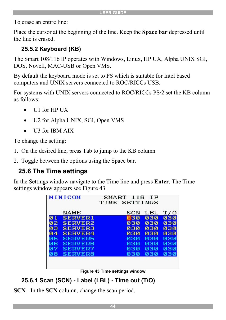 2 keyboard (kb), 6 the time settings, 1 scan (scn) - label (lbl) - time out (t/o) | Minicom Advanced Systems Minicom Smart 116 IP User Manual | Page 45 / 62
