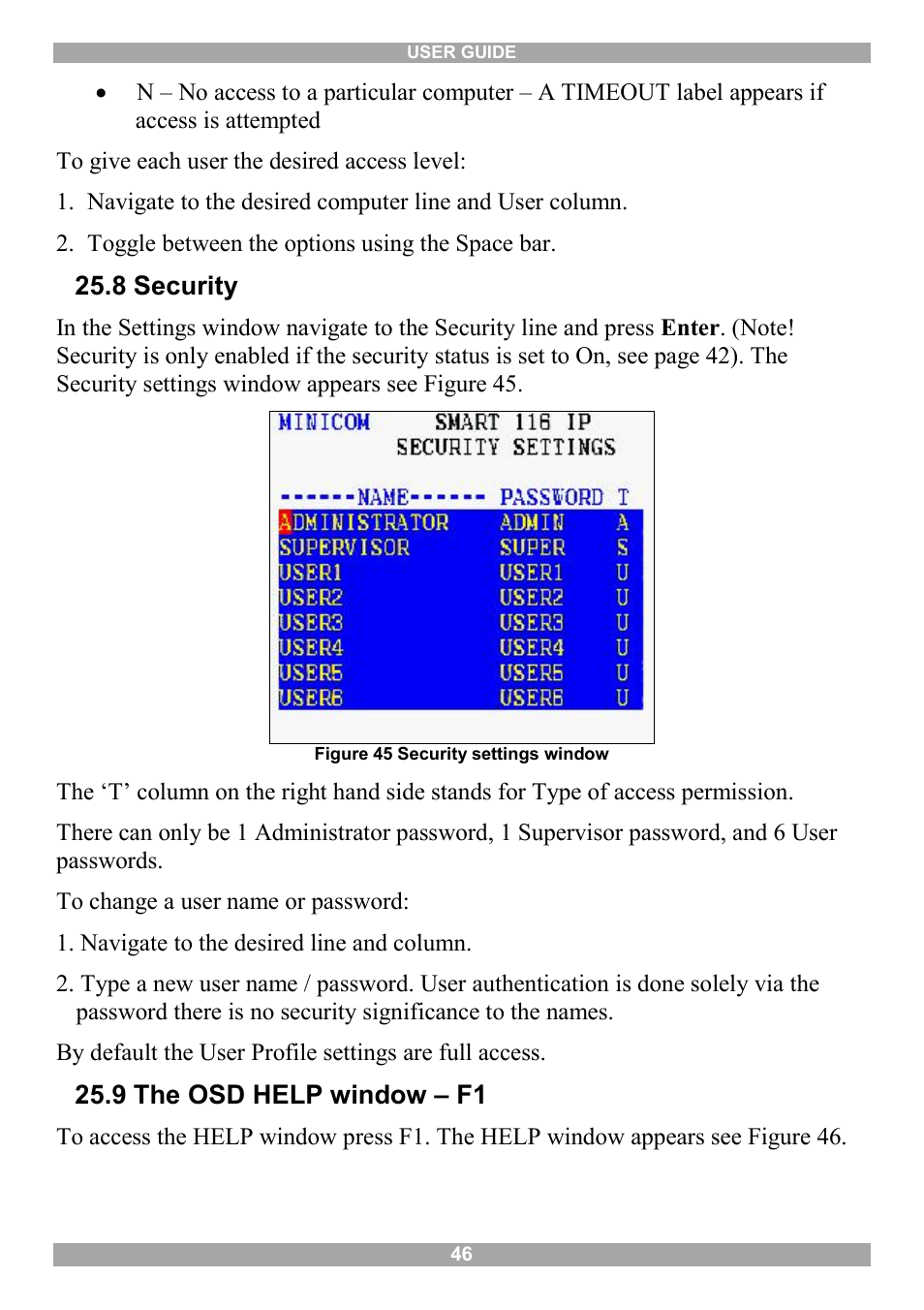 8 security, 9 the osd help window – f1 | Minicom Advanced Systems Minicom Smart 116 IP User Manual | Page 47 / 62