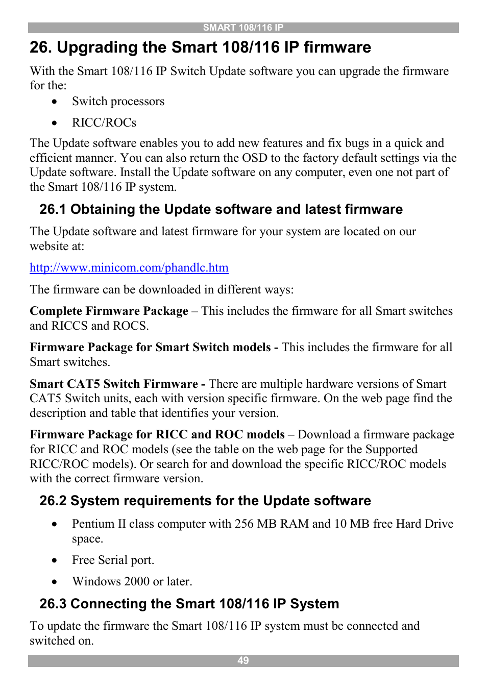 Upgrading the smart 108/116 ip firmware, 2 system requirements for the update software, 3 connecting the smart 108/116 ip system | Minicom Advanced Systems Minicom Smart 116 IP User Manual | Page 50 / 62