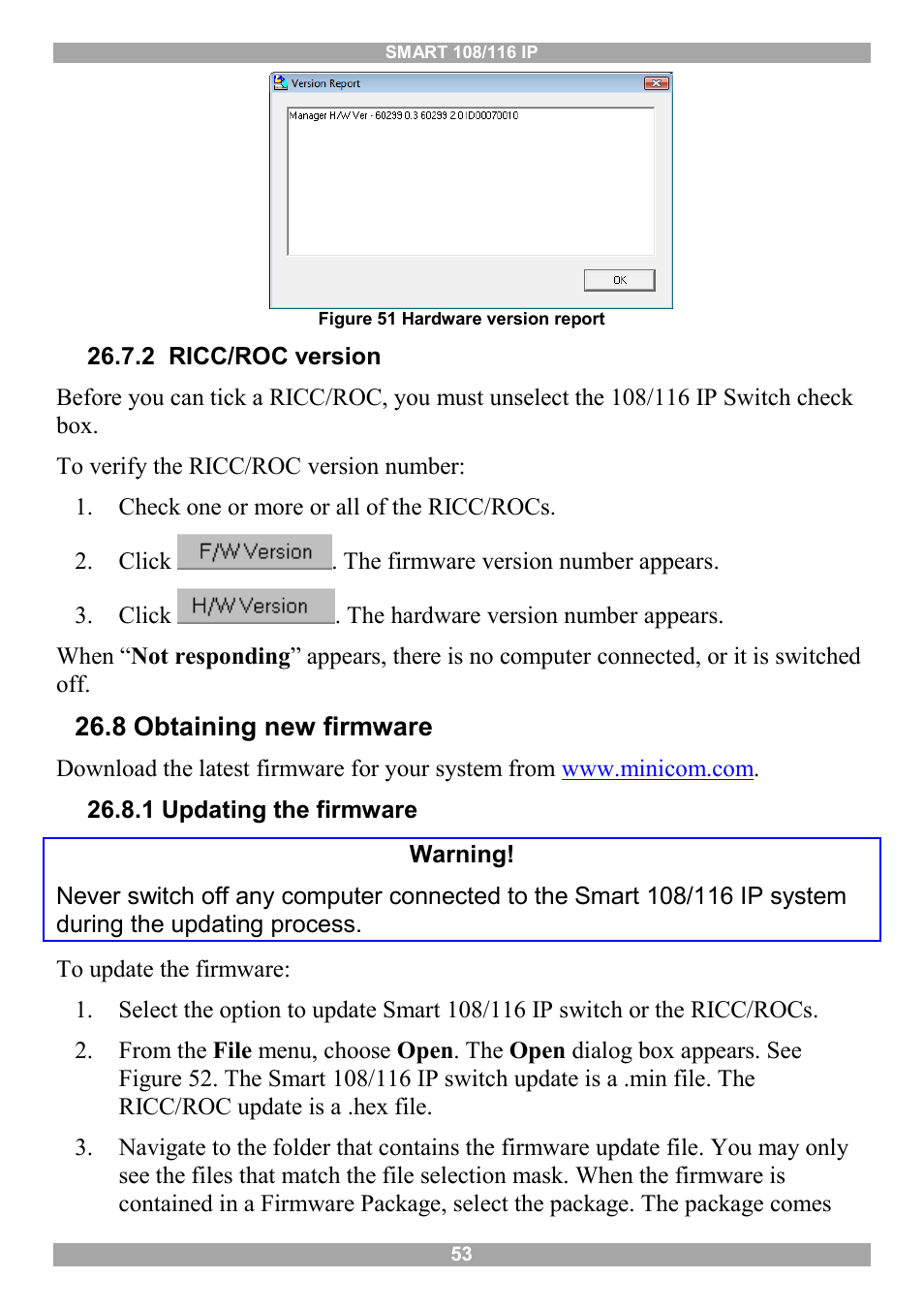 2 ricc/roc version, 8 obtaining new firmware, 1 updating the firmware warning | Minicom Advanced Systems Minicom Smart 116 IP User Manual | Page 54 / 62