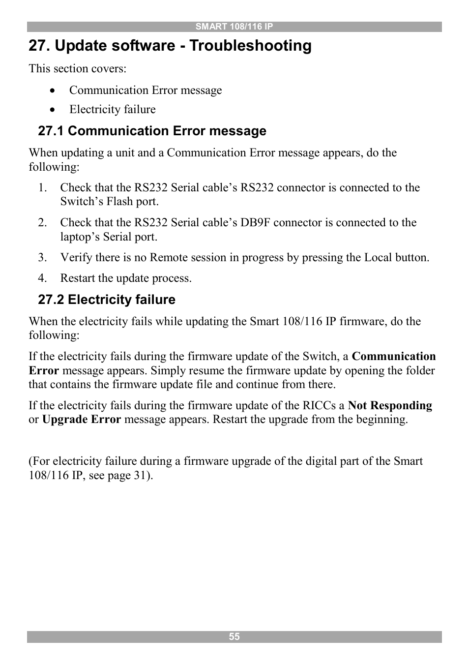 Update software - troubleshooting, 1 communication error message, 2 electricity failure | Minicom Advanced Systems Minicom Smart 116 IP User Manual | Page 56 / 62