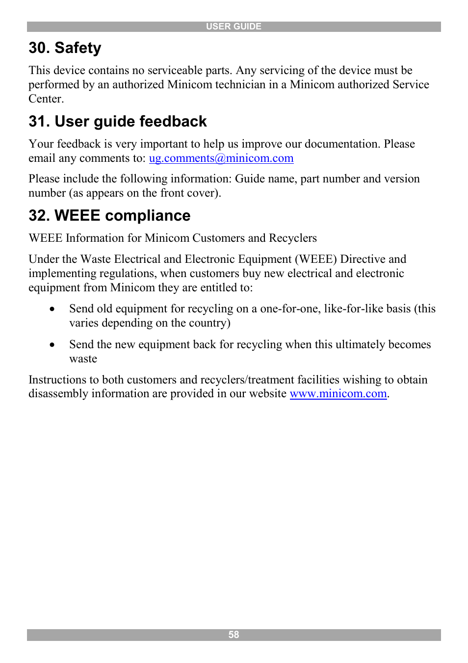 Safety, User guide feedback, Weee compliance | Minicom Advanced Systems Minicom Smart 116 IP User Manual | Page 59 / 62