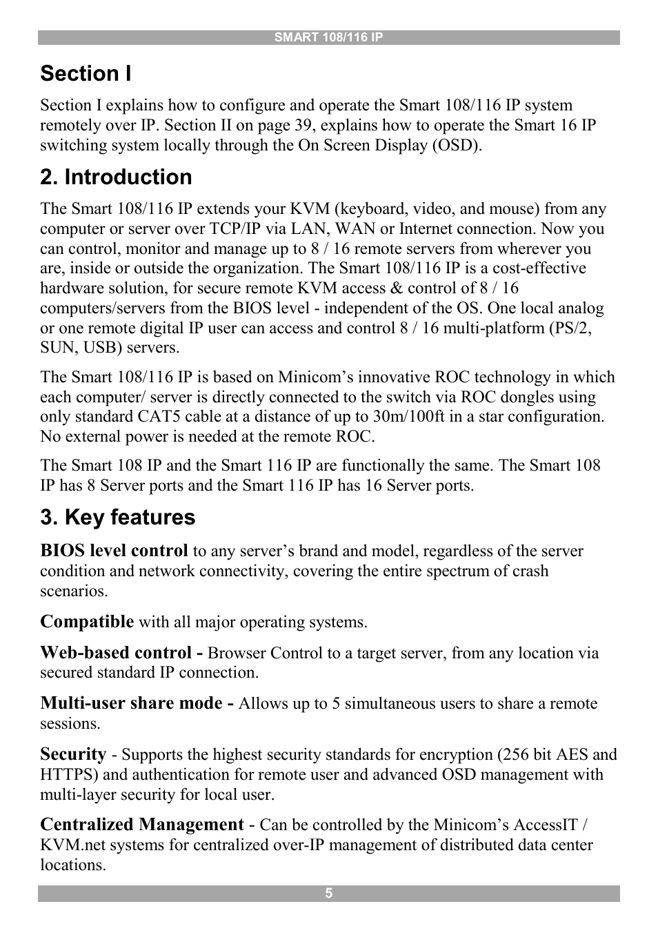 Section i, Introduction, Key features | Minicom Advanced Systems Minicom Smart 116 IP User Manual | Page 6 / 62
