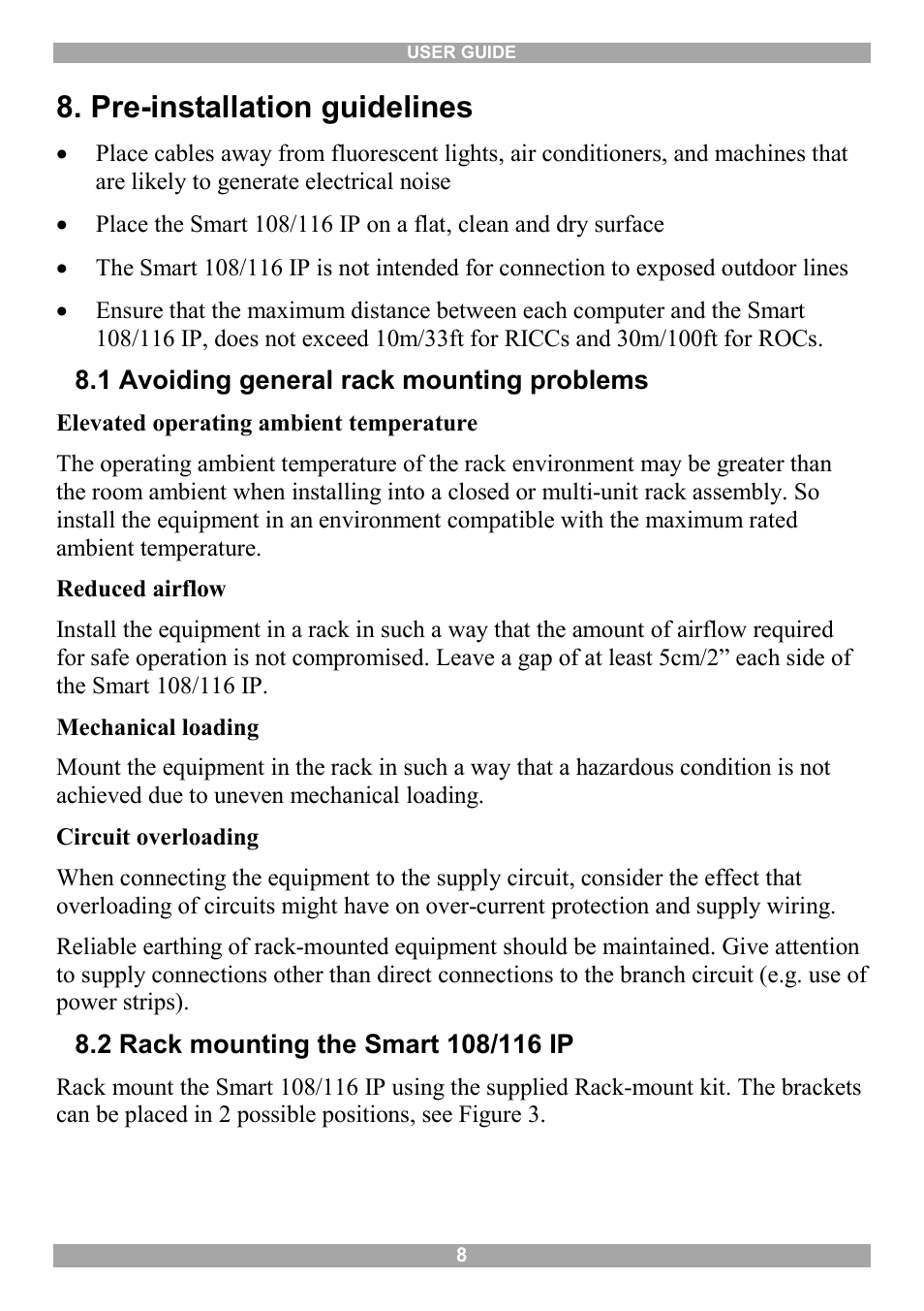 Pre-installation guidelines, 1 avoiding general rack mounting problems, 2 rack mounting the smart 108/116 ip | Minicom Advanced Systems Minicom Smart 116 IP User Manual | Page 9 / 62