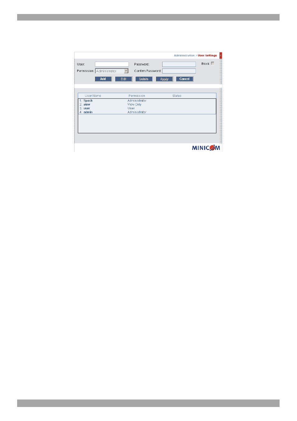 Administration > user settings | Minicom Advanced Systems SMARTRACK 116 IP User Manual | Page 26 / 67