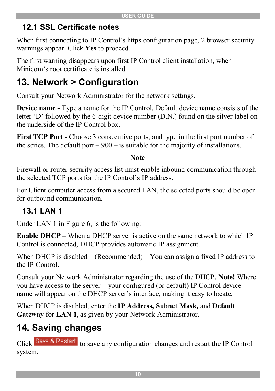 1 ssl certificate notes, Network > configuration, 1 lan 1 | Saving changes | Minicom Advanced Systems IP Control User Manual | Page 11 / 33