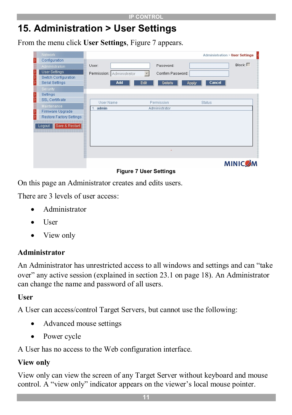 Administration > user settings | Minicom Advanced Systems IP Control User Manual | Page 12 / 33