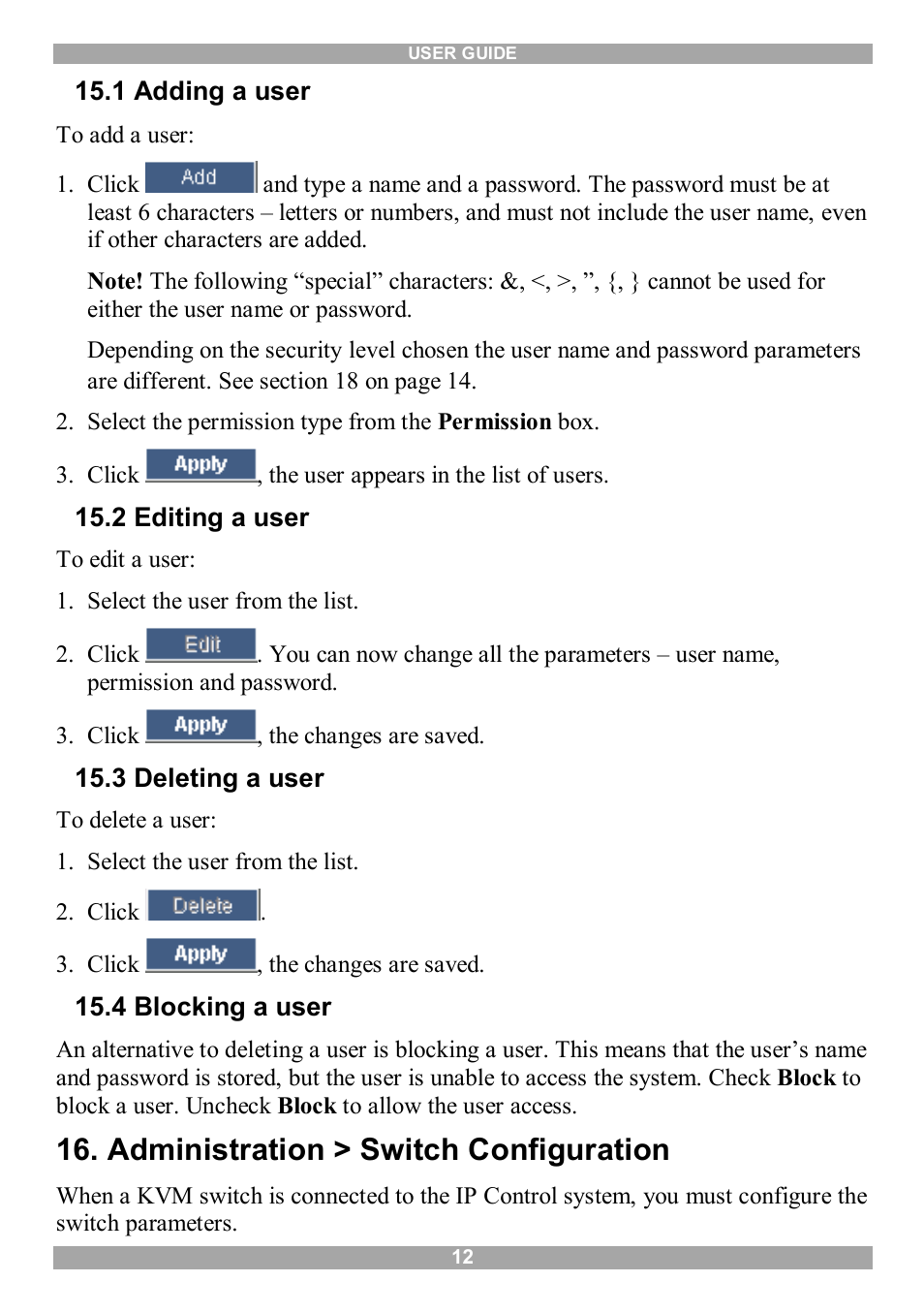 1 adding a user, 2 editing a user, 3 deleting a user | 4 blocking a user, Administration > switch configuration | Minicom Advanced Systems IP Control User Manual | Page 13 / 33