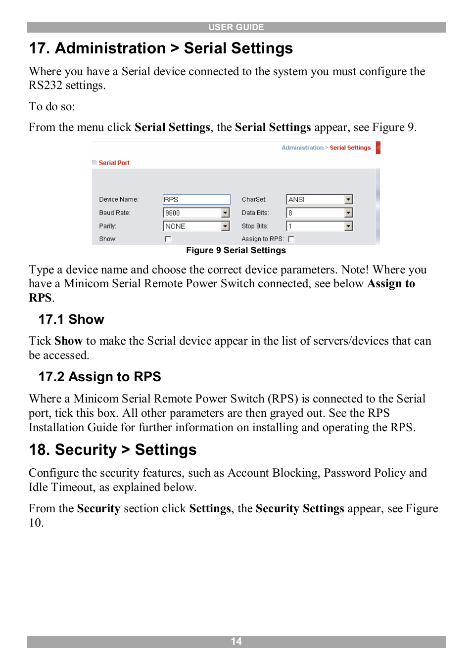 Administration > serial settings, 1 show, 2 assign to rps | Security > settings | Minicom Advanced Systems IP Control User Manual | Page 15 / 33