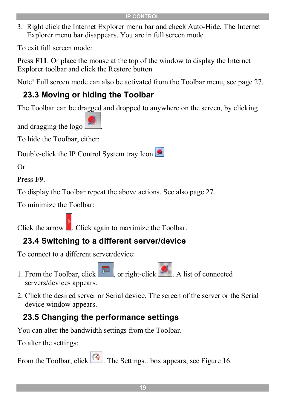 3 moving or hiding the toolbar, 4 switching to a different server/device, 5 changing the performance settings | Minicom Advanced Systems IP Control User Manual | Page 20 / 33