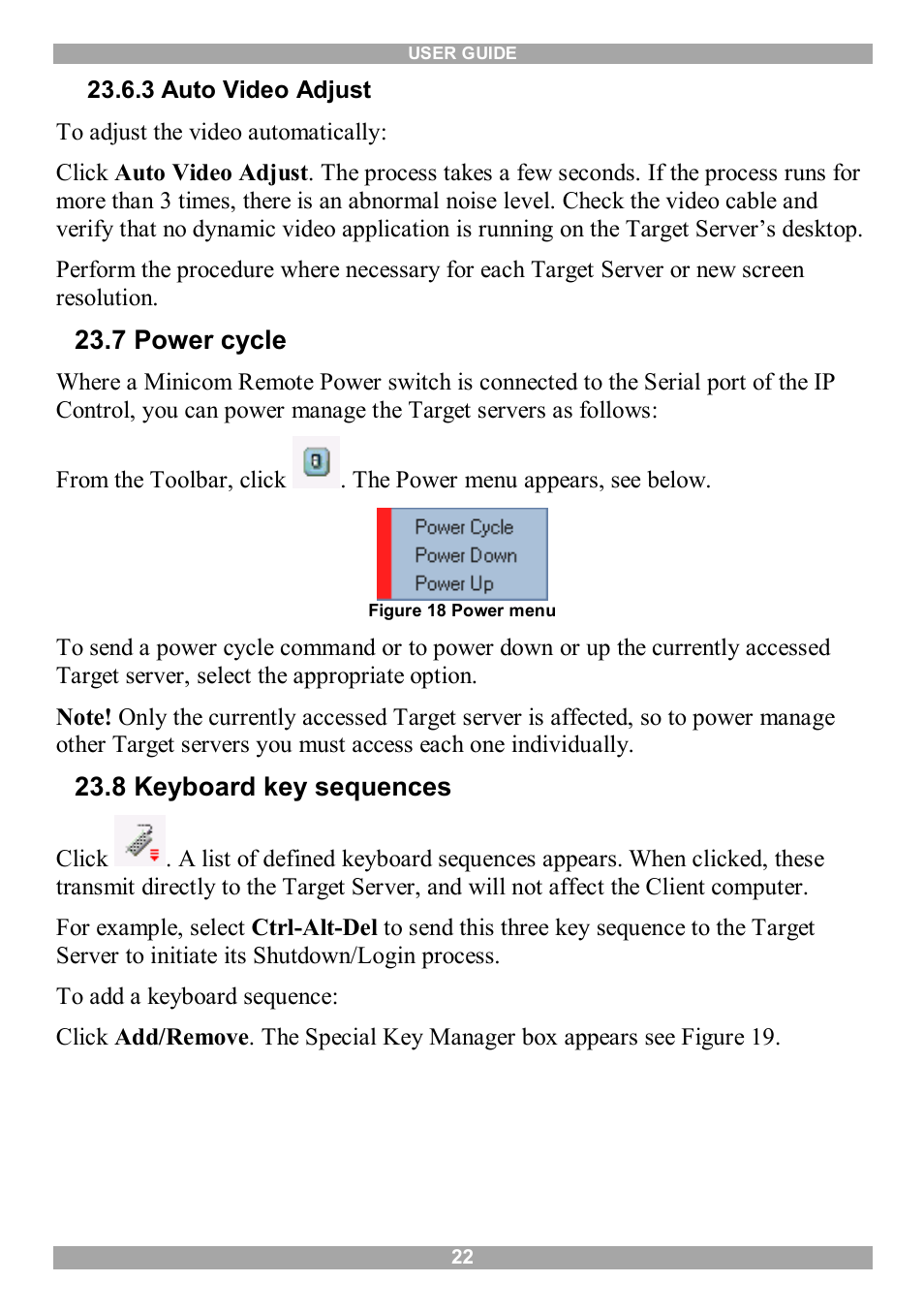 3 auto video adjust, 7 power cycle, 8 keyboard key sequences | Minicom Advanced Systems IP Control User Manual | Page 23 / 33