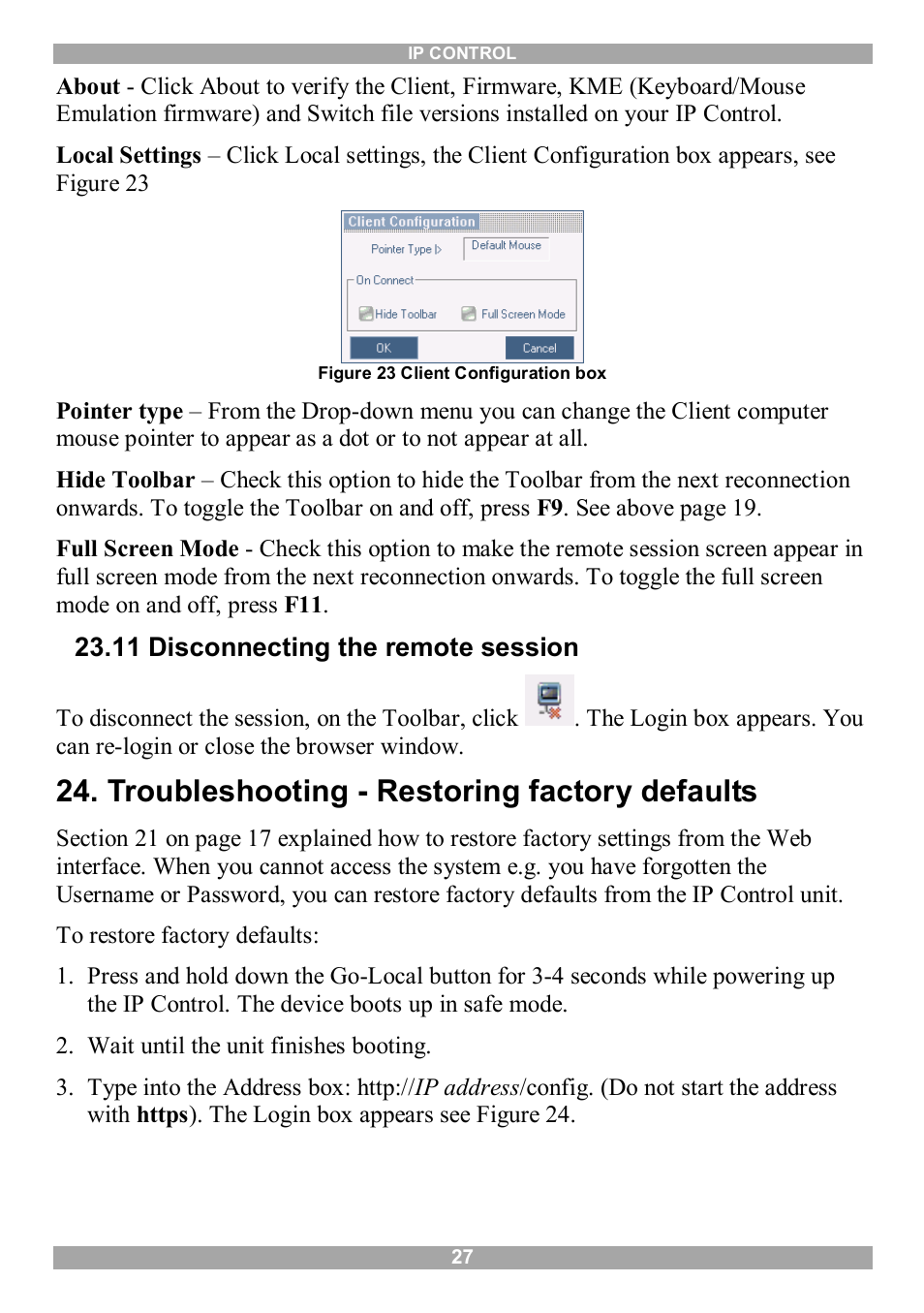 11 disconnecting the remote session, Troubleshooting - restoring factory defaults | Minicom Advanced Systems IP Control User Manual | Page 28 / 33