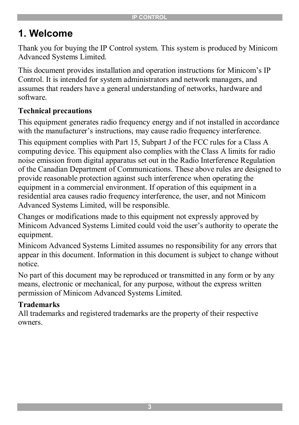 Welcome | Minicom Advanced Systems IP Control User Manual | Page 4 / 33