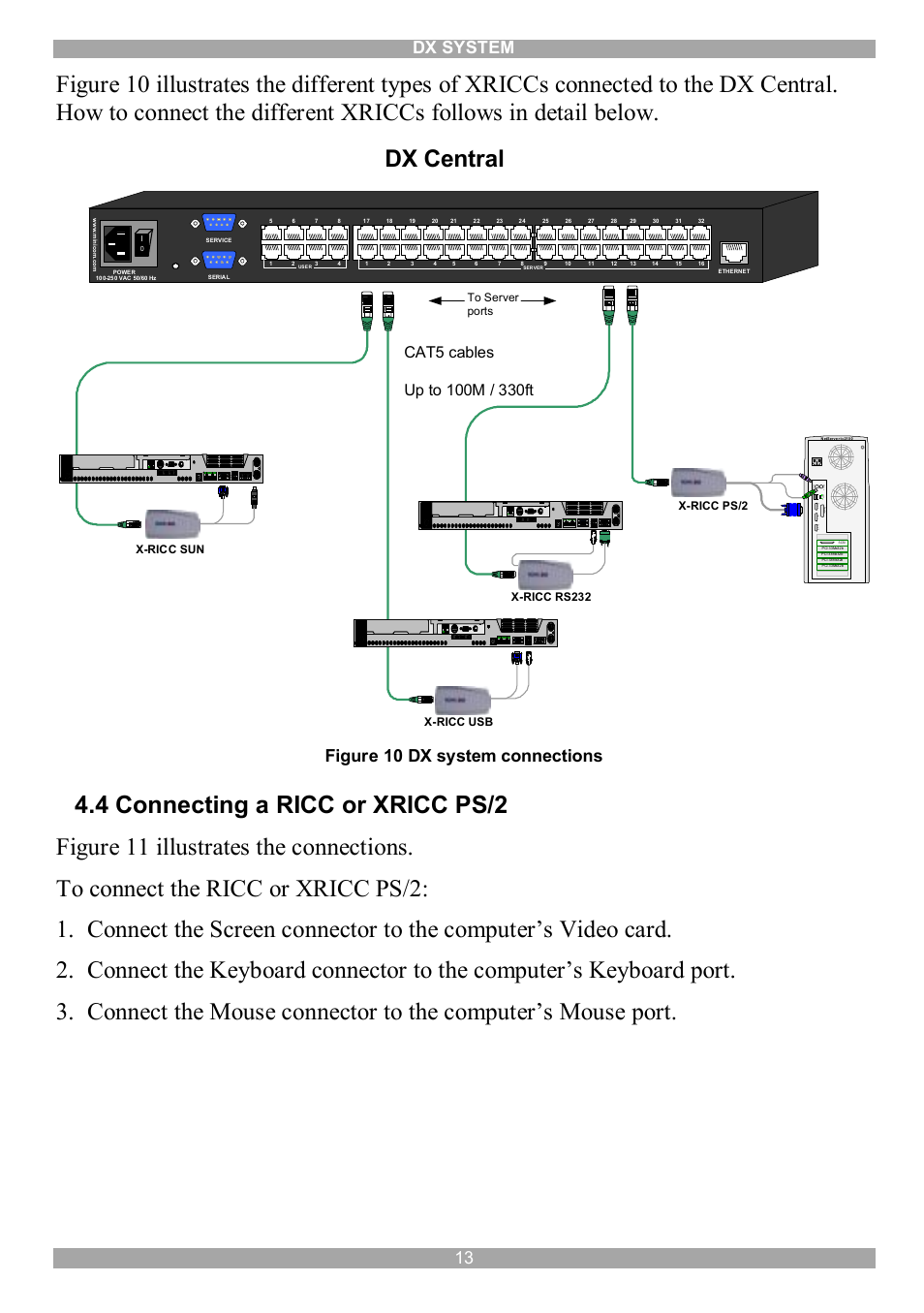 4 connecting a ricc or xricc ps/2, Dx central, Dx system 13 | Figure 10 dx system connections, Se ria l b | Minicom Advanced Systems DX System User Manual | Page 14 / 72