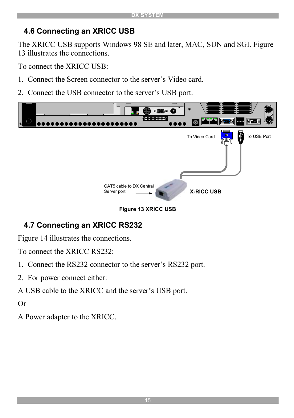 6 connecting an xricc usb, 7 connecting an xricc rs232 | Minicom Advanced Systems DX System User Manual | Page 16 / 72