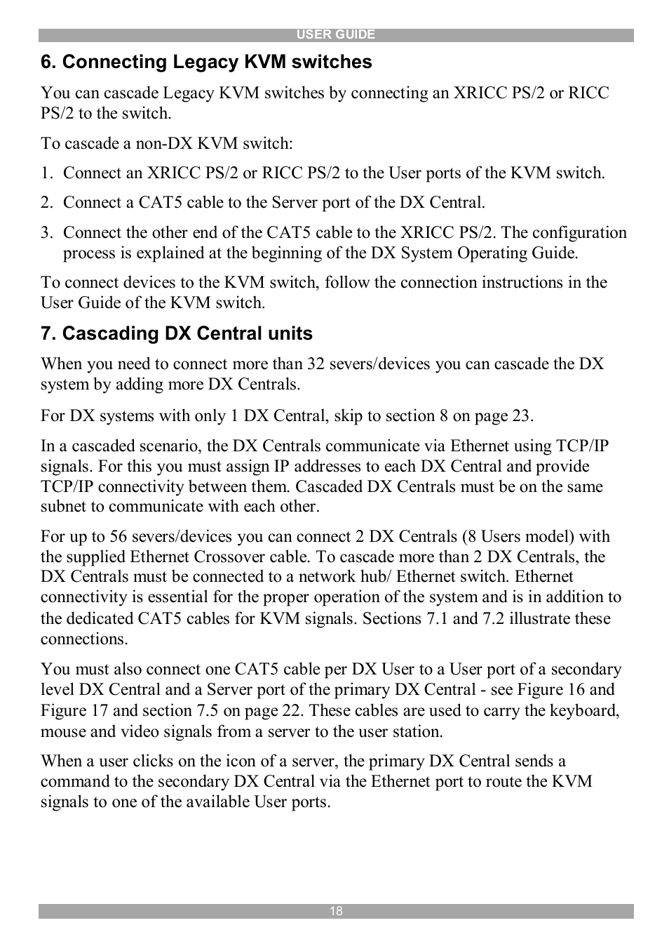 Connecting legacy kvm switches, Cascading dx central units | Minicom Advanced Systems DX System User Manual | Page 19 / 72