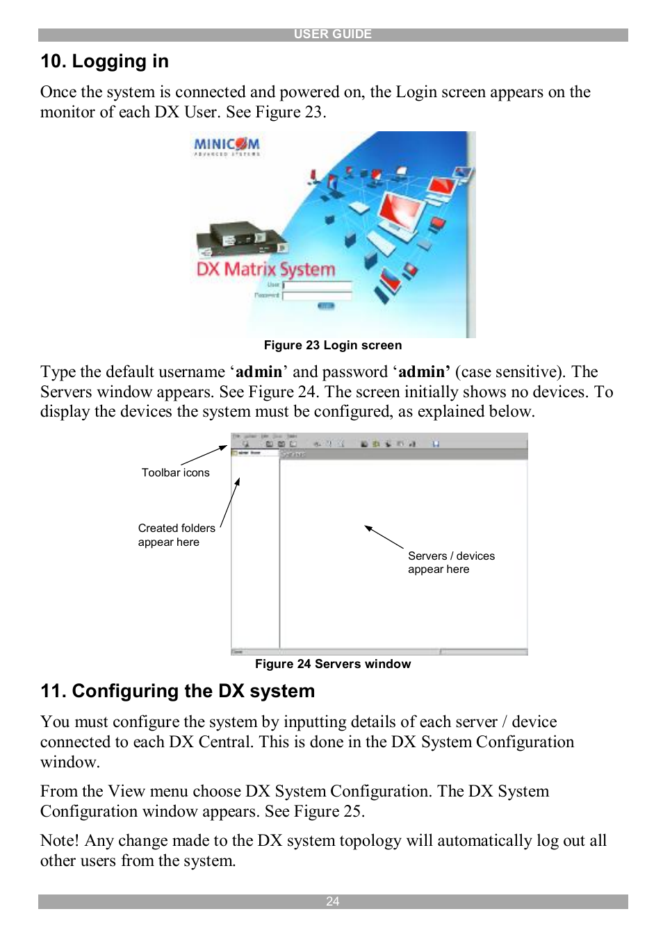 Logging in, Configuring the dx system | Minicom Advanced Systems DX System User Manual | Page 25 / 72