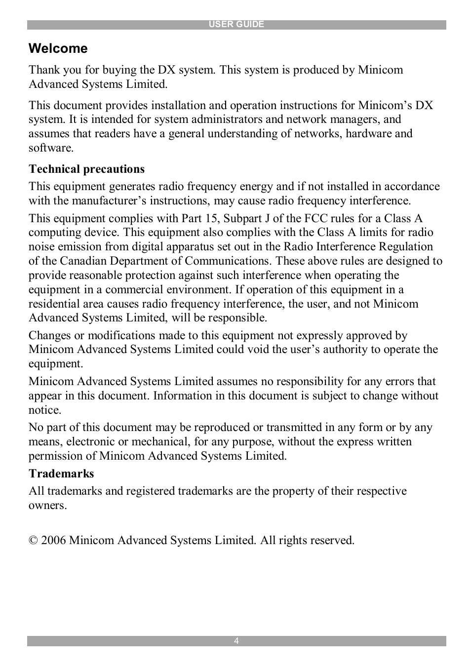 Welcome | Minicom Advanced Systems DX System User Manual | Page 5 / 72